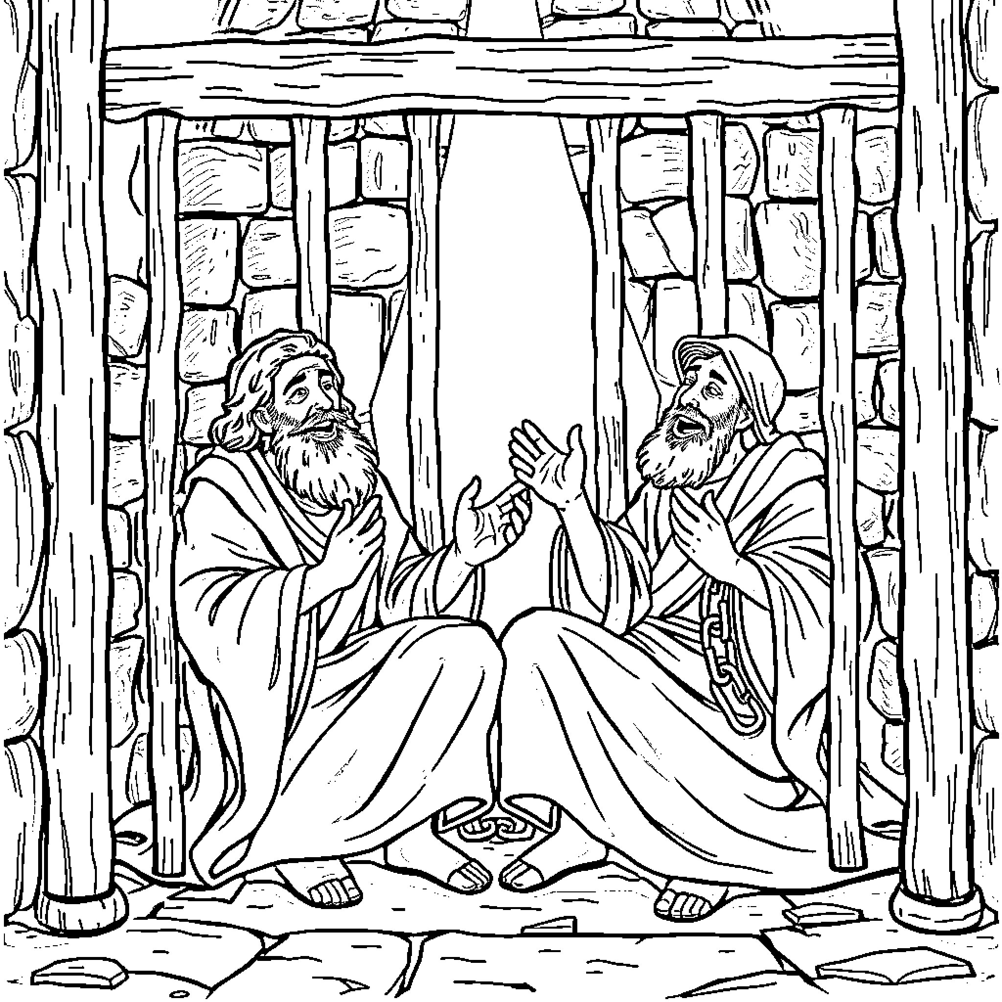 Paul and the elder discussing matters of faith Coloring Page (free black-and-white line drawing printable PDF for all, from beginners to advanced learners, including children, teens, adults, and seniors)