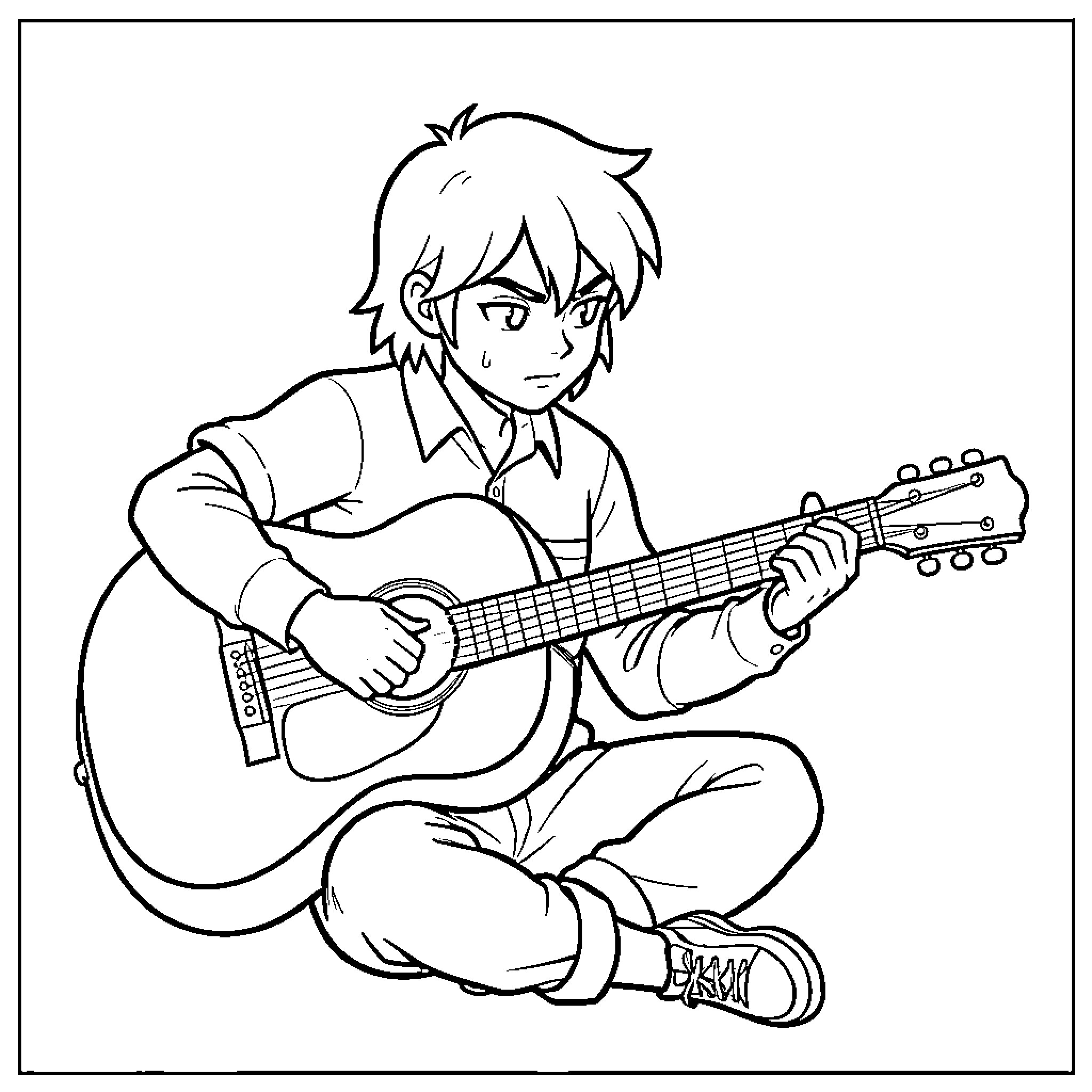 Esperon playing an acoustic guitar while sitting down Coloring Page (free black-and-white line drawing printable PDF for all, from beginners to advanced learners, including children, teens, adults, and seniors)