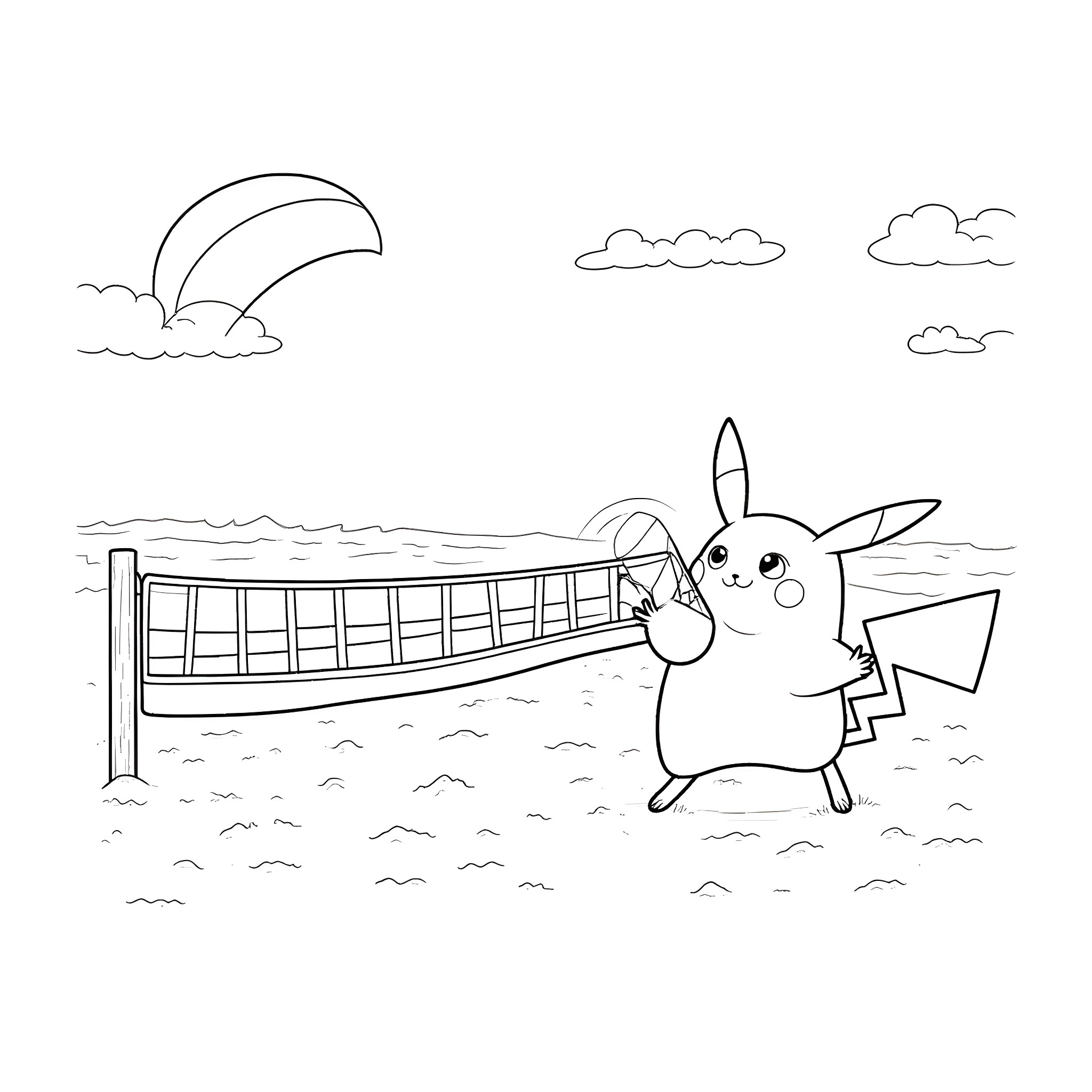 Pikachu playing cheerfully on the beach Coloring Page (free black-and-white line drawing printable PDF for all, from beginners to advanced learners, including children, teens, adults, and seniors)