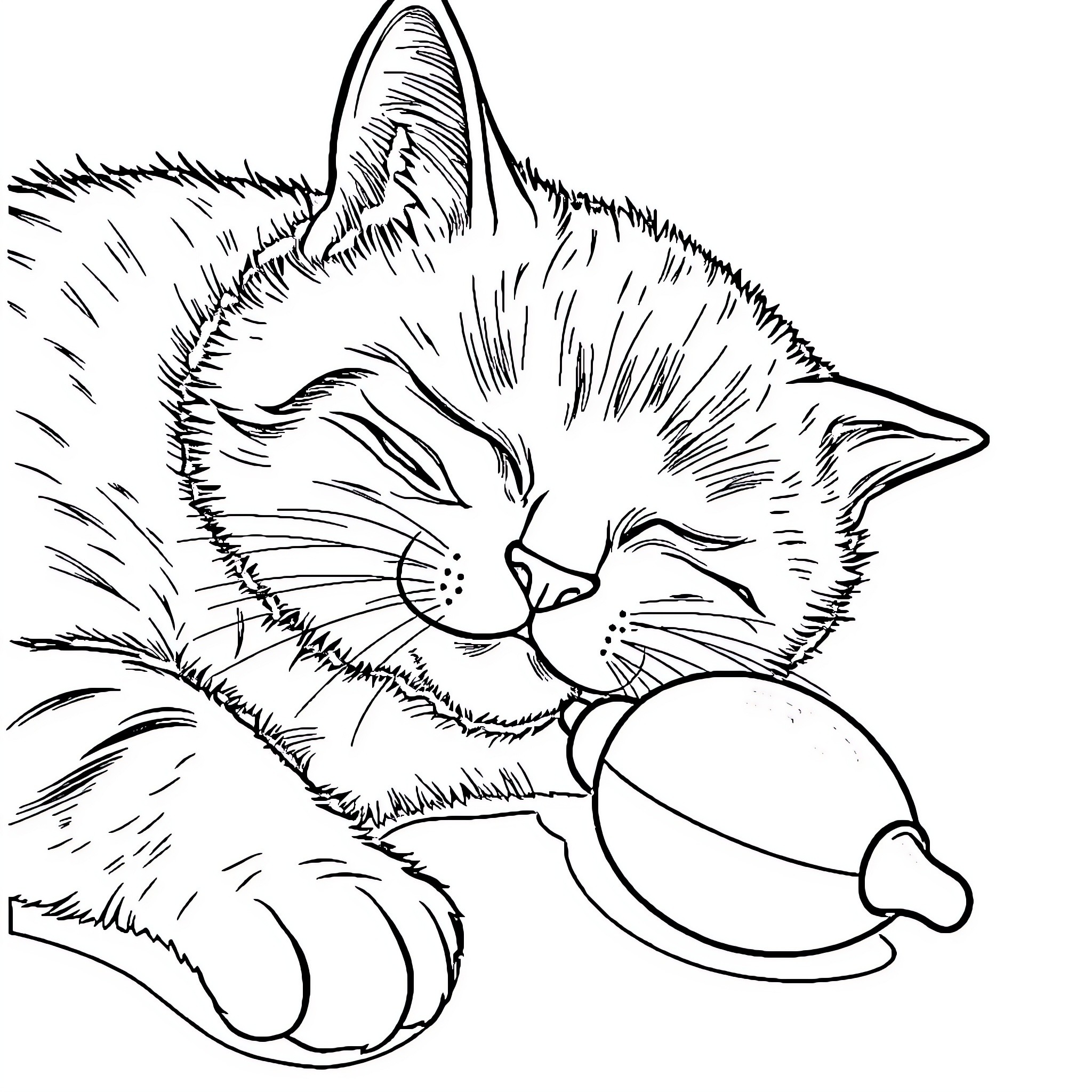 Cat playing with colorful ball Coloring Page (free black-and-white line drawing printable PDF for all, from beginners to advanced learners, including children, teens, adults, and seniors)