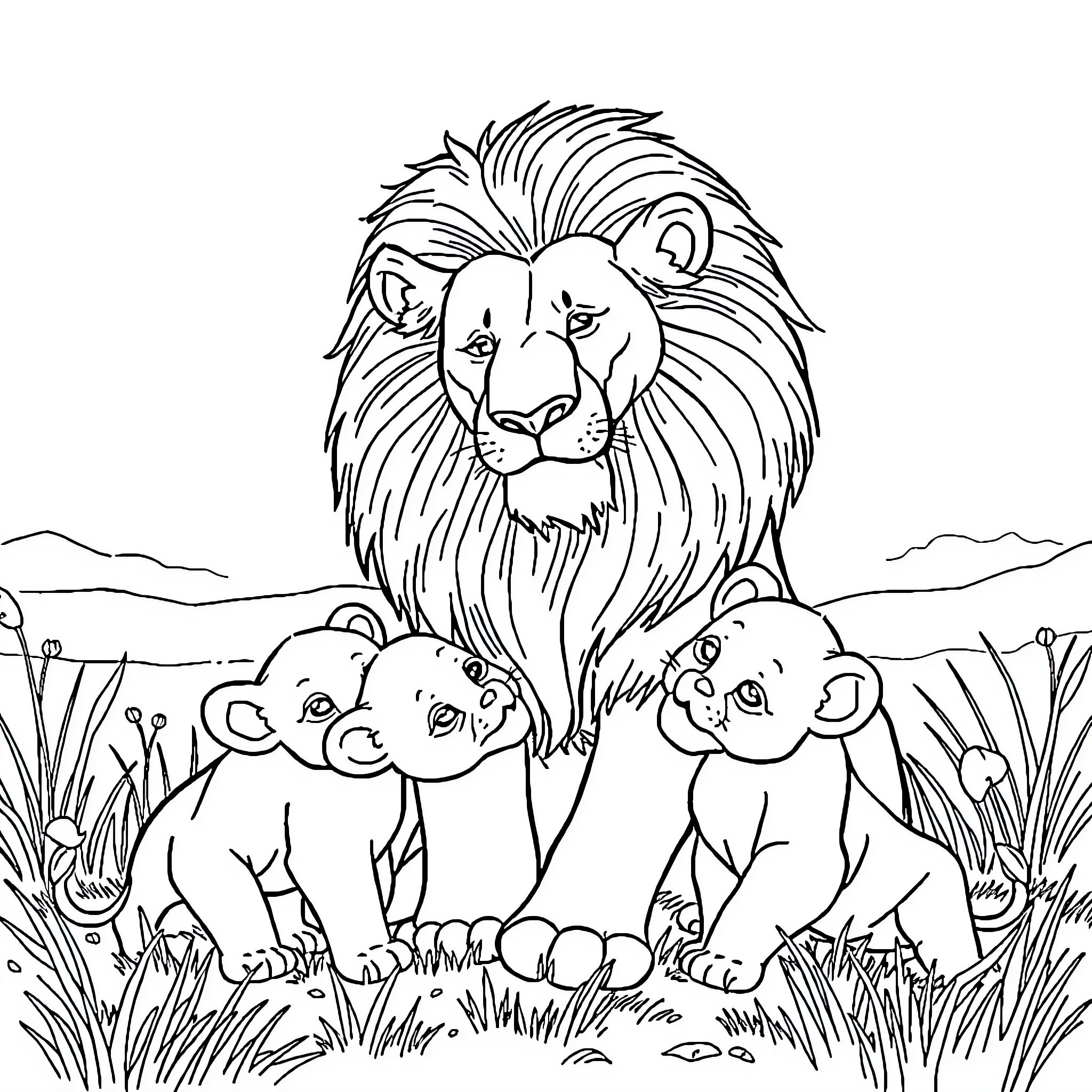 Lion and Cubs in the Wild Coloring Page (free black-and-white line drawing printable PDF for all, from beginners to advanced learners, including children, teens, adults, and seniors)