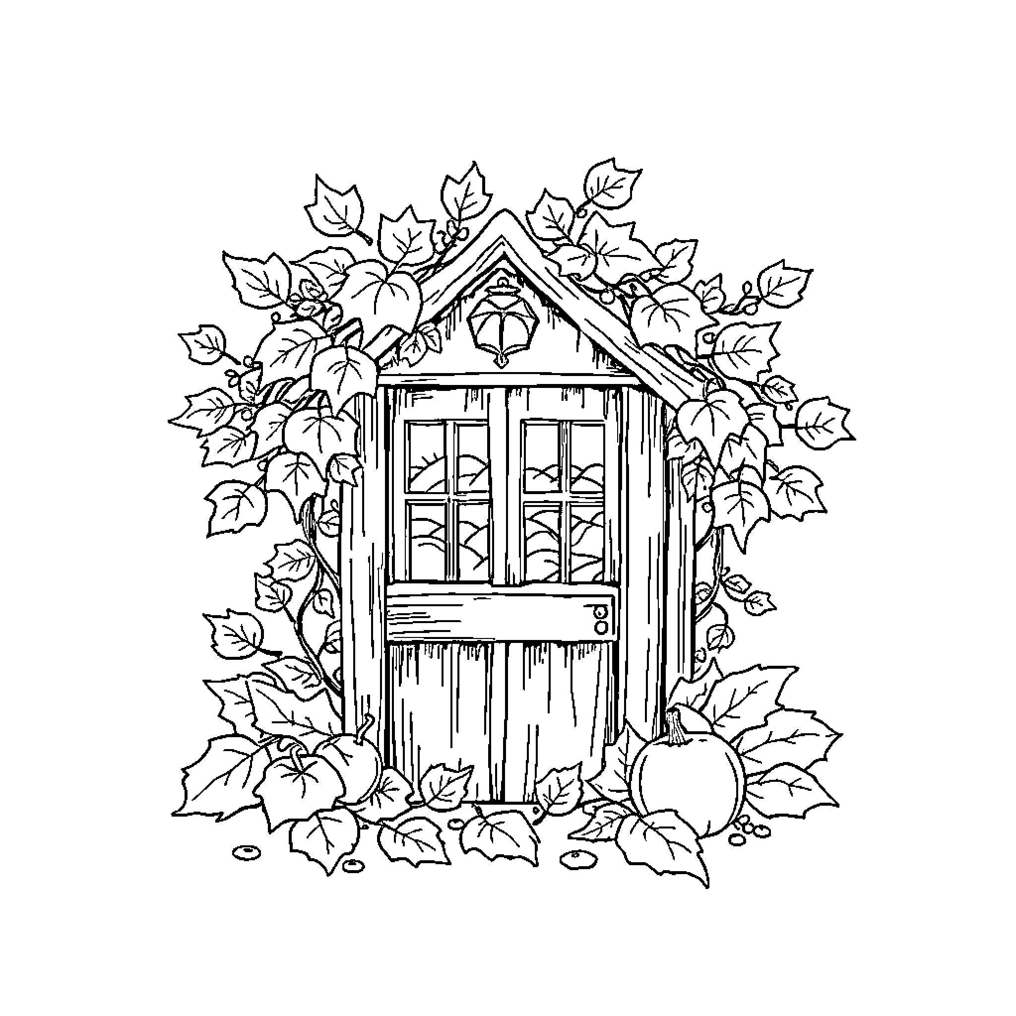 November Cottage Surrounded by Autumn Foliage Coloring Page (free black-and-white line drawing printable PDF for all, from beginners to advanced learners, including children, teens, adults, and seniors)