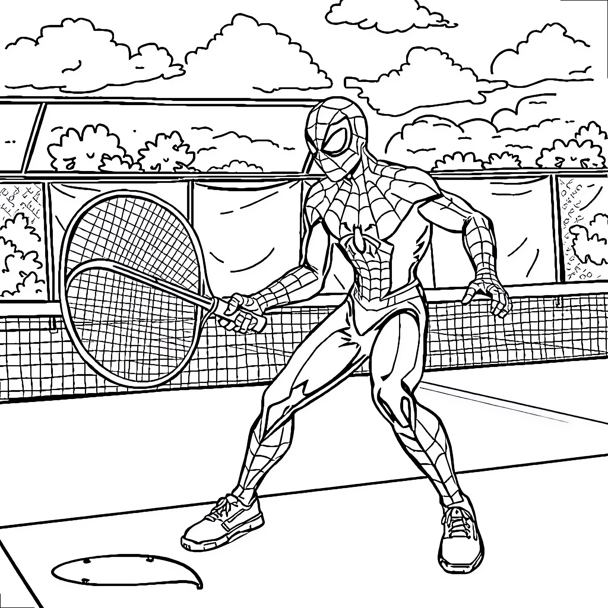 Spidey swinging on the tennis court Coloring Page (free black-and-white line drawing printable PDF for all, from beginners to advanced learners, including children, teens, adults, and seniors)