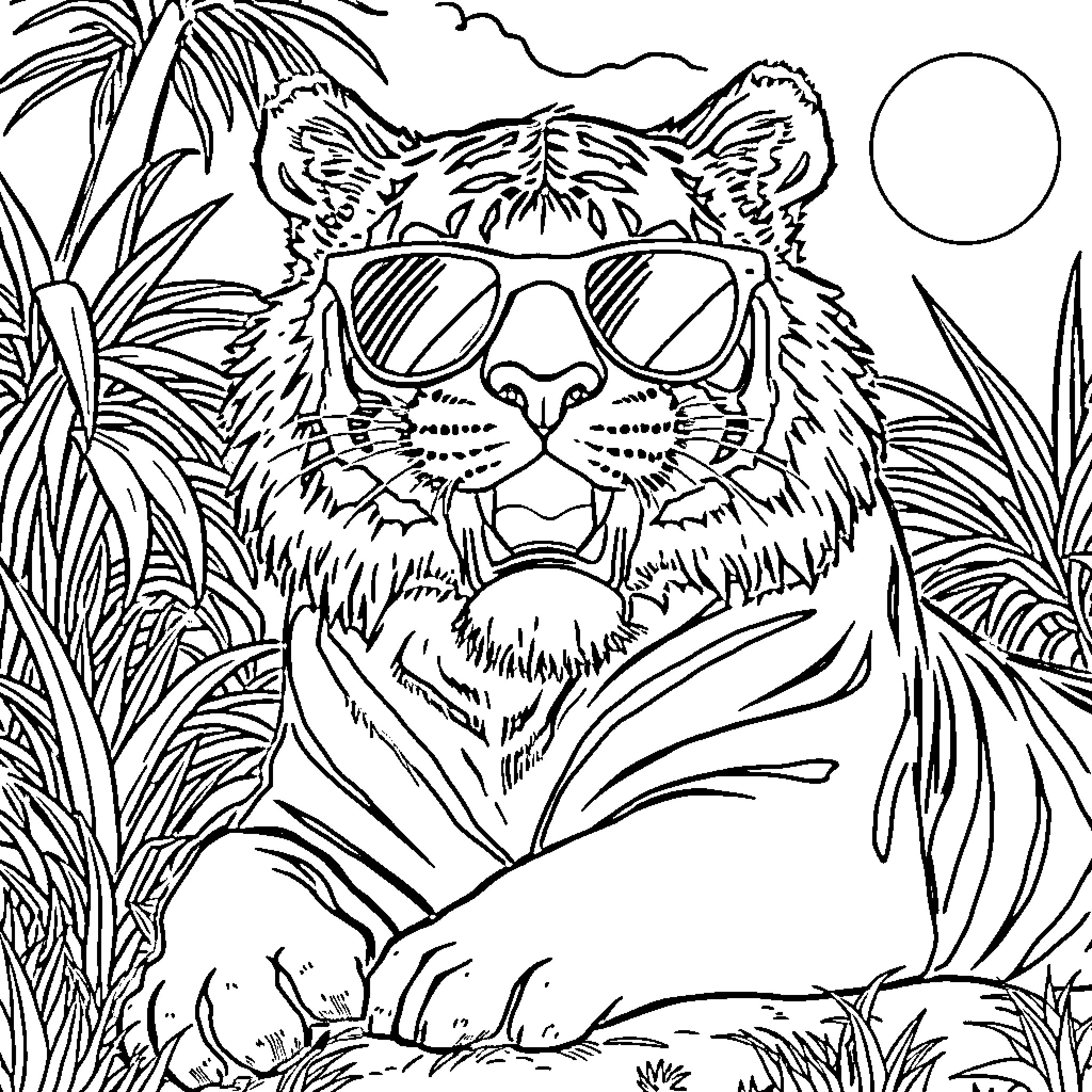 Tiger Relaxing in Tropical Jungle with Sunglasses Coloring Page (free black-and-white line drawing printable PDF for all, from beginners to advanced learners, including children, teens, adults, and seniors)