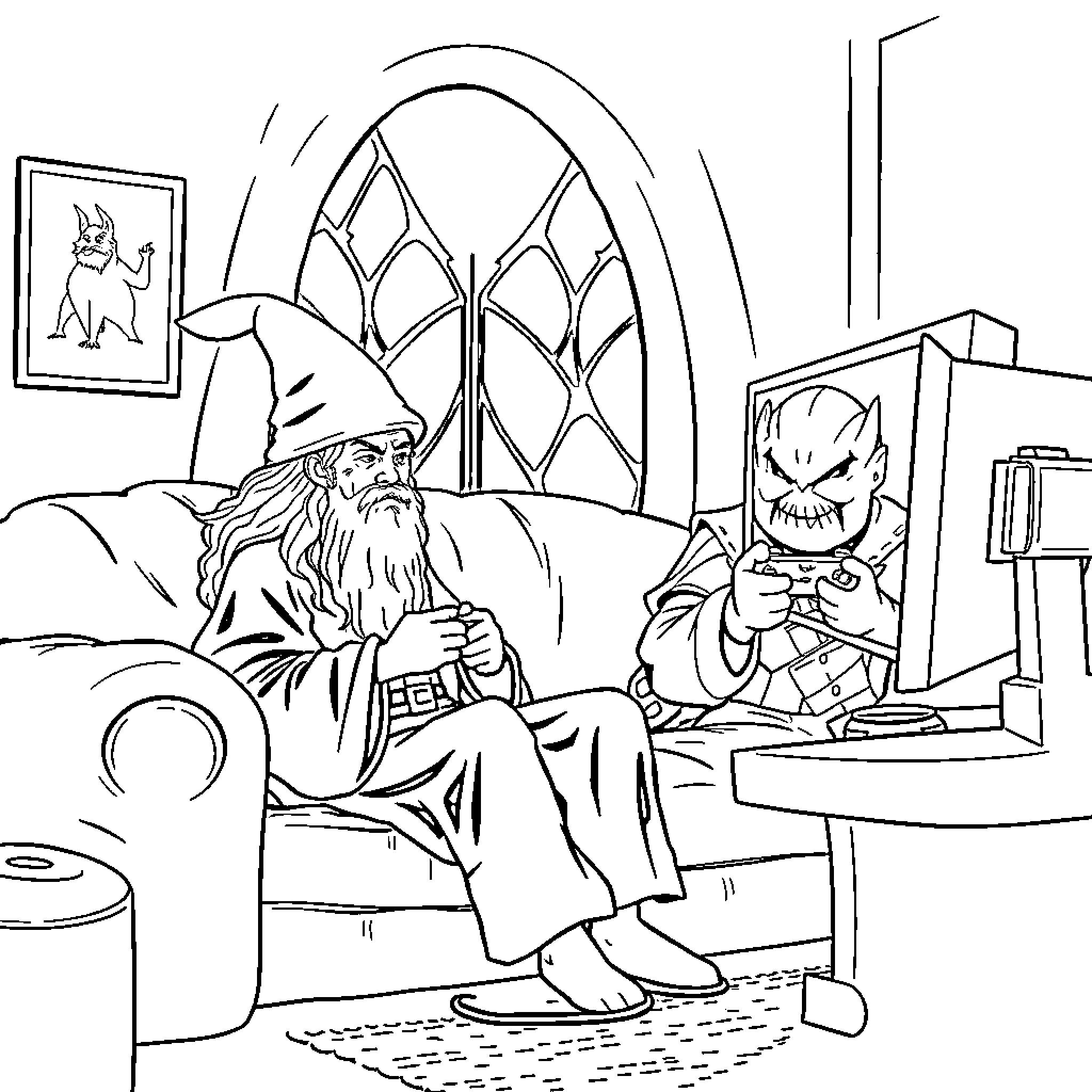 Gandalf conversing with a sinister figure in an ornate room Coloring Page (free black-and-white line drawing printable PDF for all, from beginners to advanced learners, including children, teens, adults, and seniors)