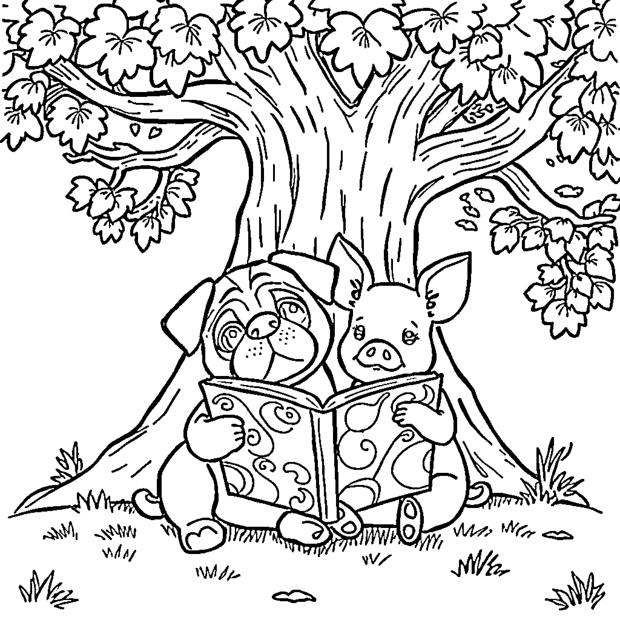 Pug and Pig Reading a Book Under a Flowery Tree Coloring Page (free black-and-white line drawing printable PDF for all, from beginners to advanced learners, including children, teens, adults, and seniors)
