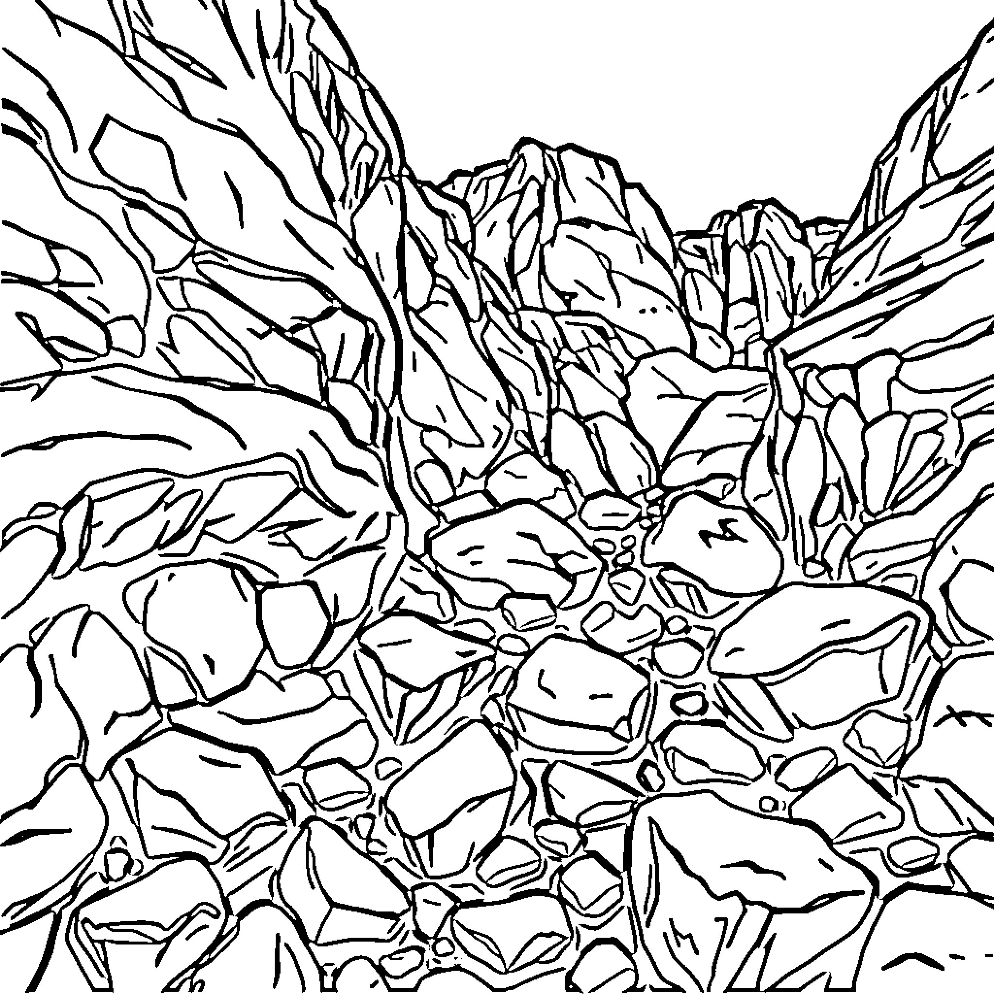 Calcareous Crystals in Monochrome Landscape Coloring Page (free black-and-white line drawing printable PDF for all, from beginners to advanced learners, including children, teens, adults, and seniors)