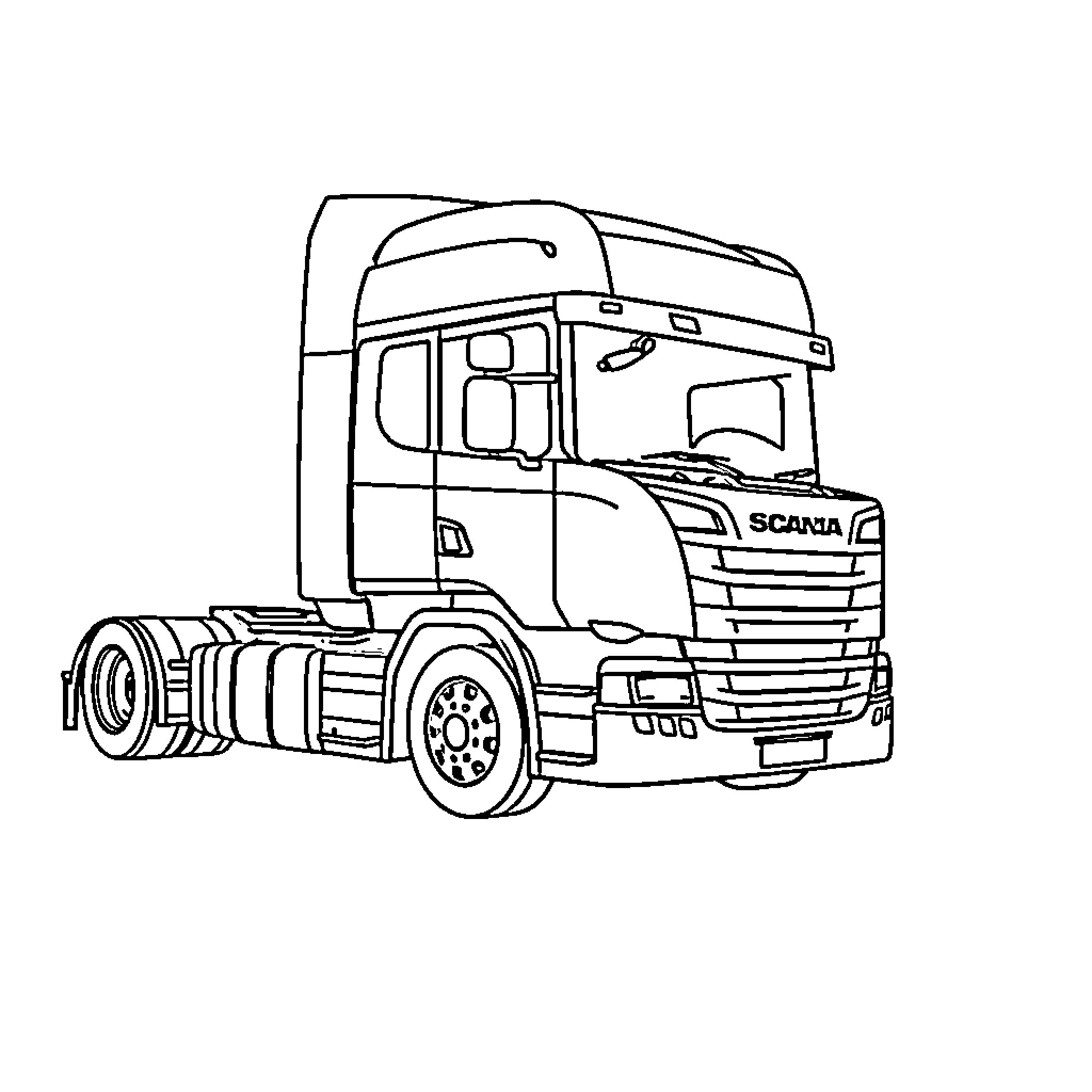 Scania commercial truck in simple outline Coloring Page (free black-and-white line drawing printable PDF for all, from beginners to advanced learners, including children, teens, adults, and seniors)