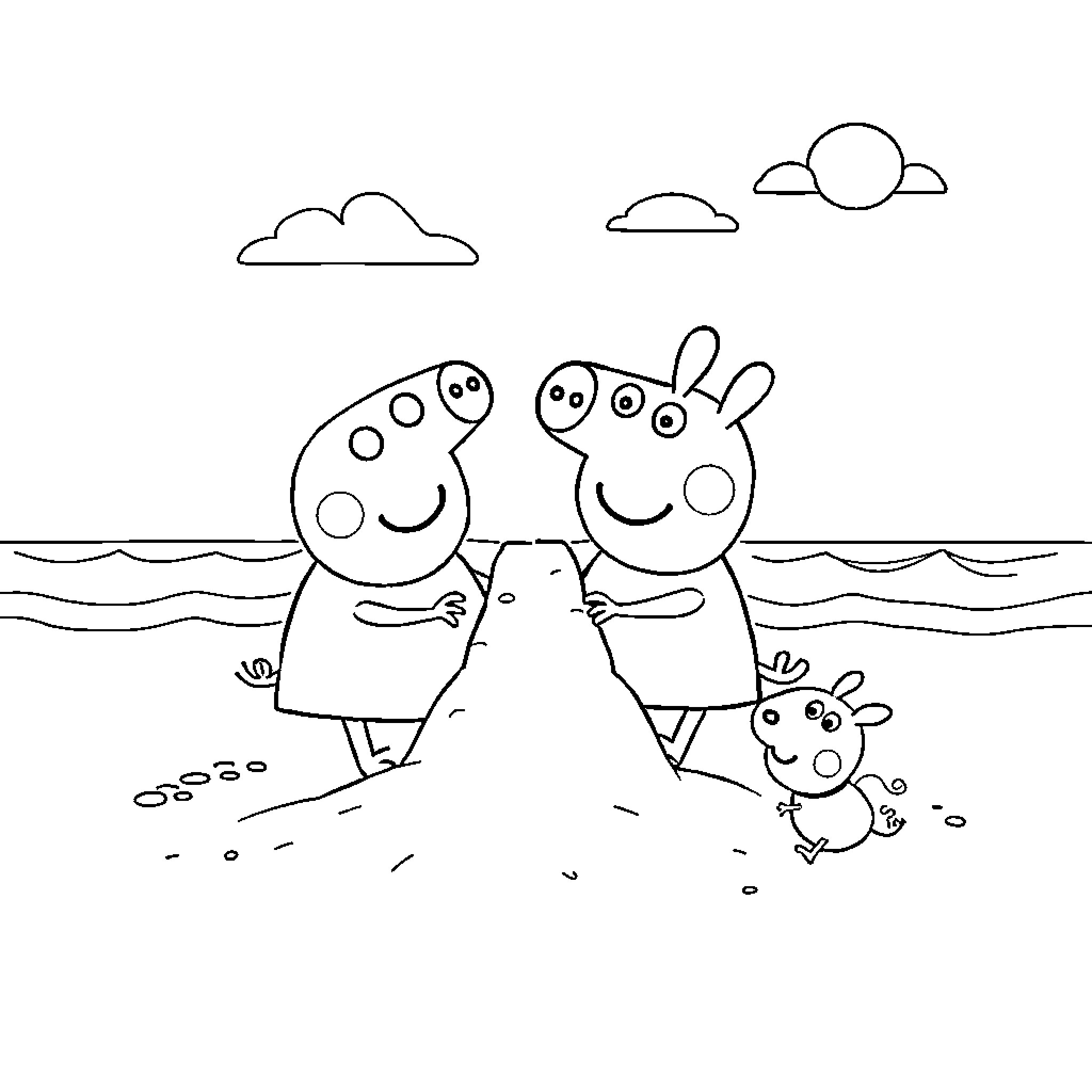 Peppa Pig family enjoying the beach Coloring Page (free black-and-white line drawing printable PDF for all, from beginners to advanced learners, including children, teens, adults, and seniors)