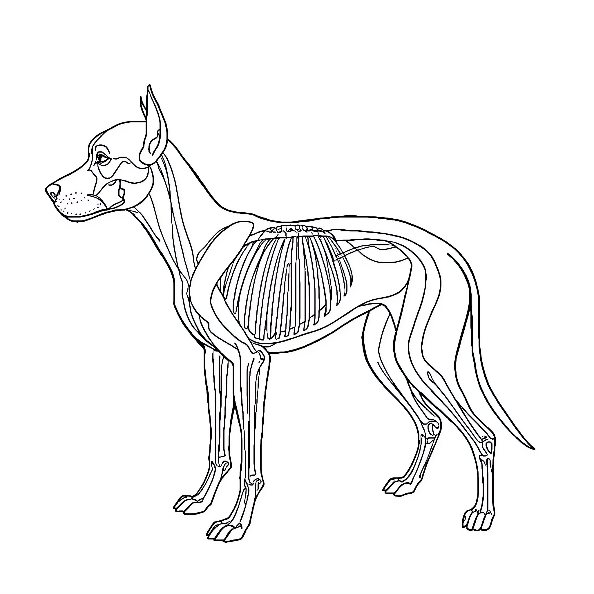 Dog Anatomy Diagram Coloring Page (free black-and-white line drawing printable PDF for all, from beginners to advanced learners, including children, teens, adults, and seniors)