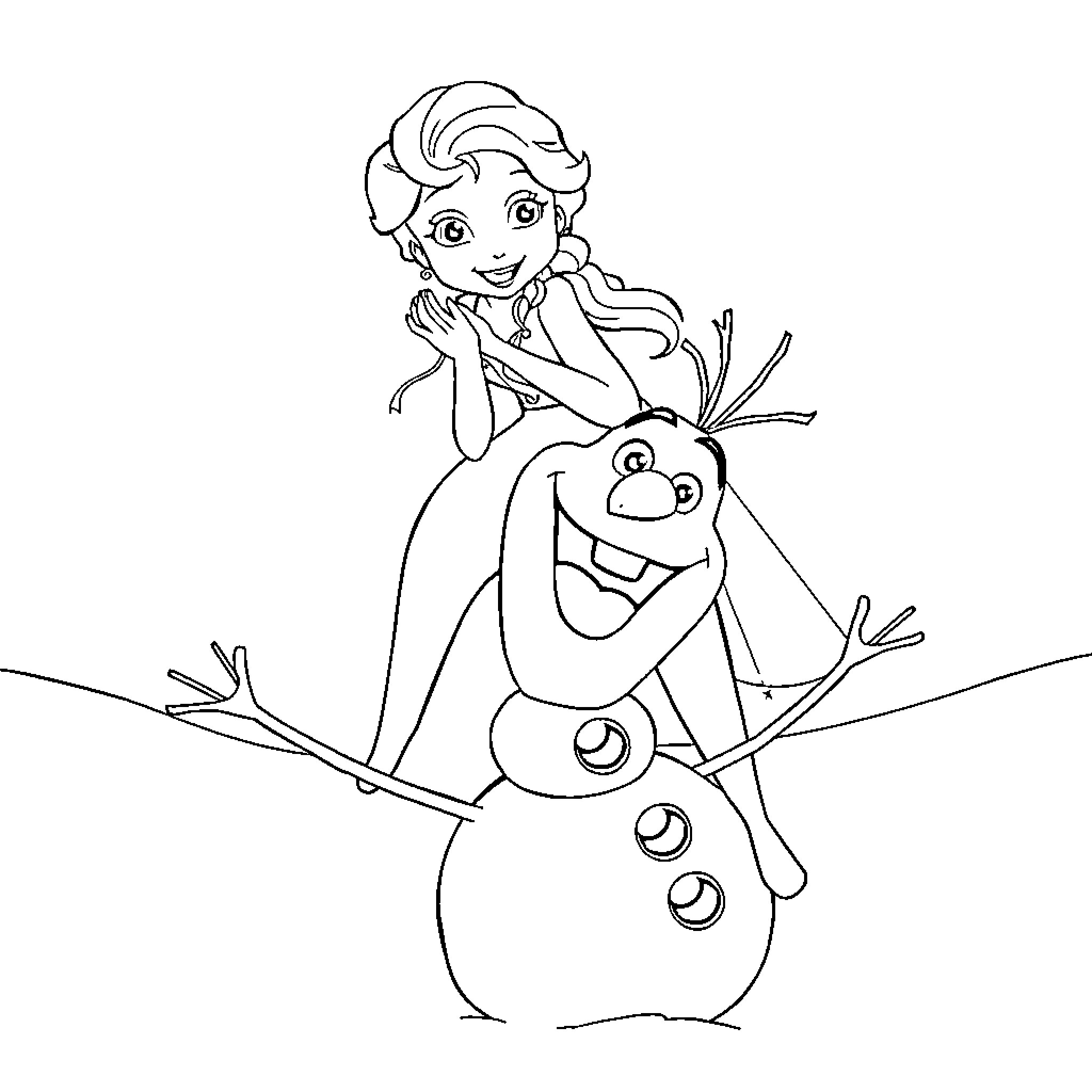 Elsa and Olaf's Playful Winter Adventure Coloring Page (free black-and-white line drawing printable PDF for all, from beginners to advanced learners, including children, teens, adults, and seniors)