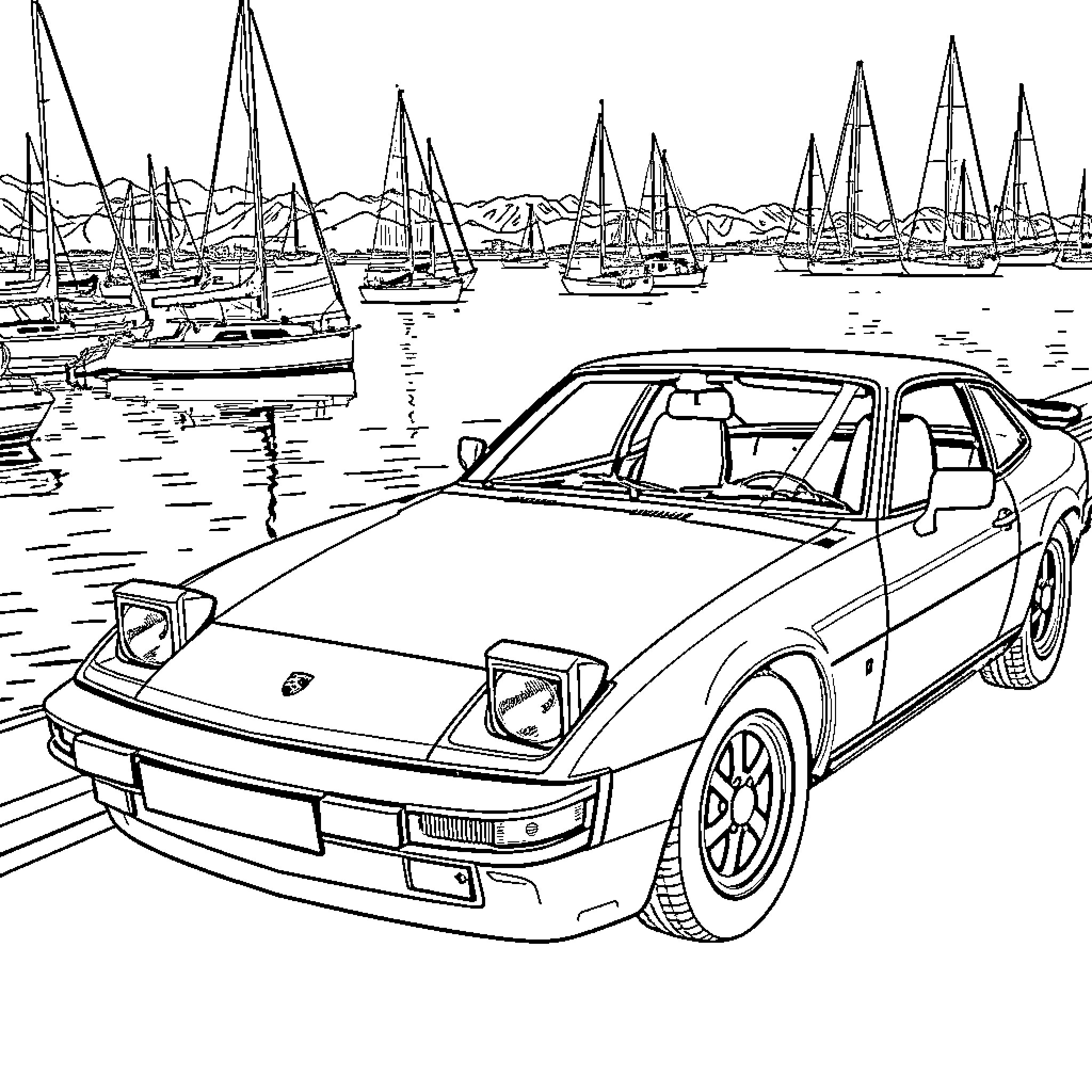 Porsche sports car in a marina setting Coloring Page (free black-and-white line drawing printable PDF for all, from beginners to advanced learners, including children, teens, adults, and seniors)
