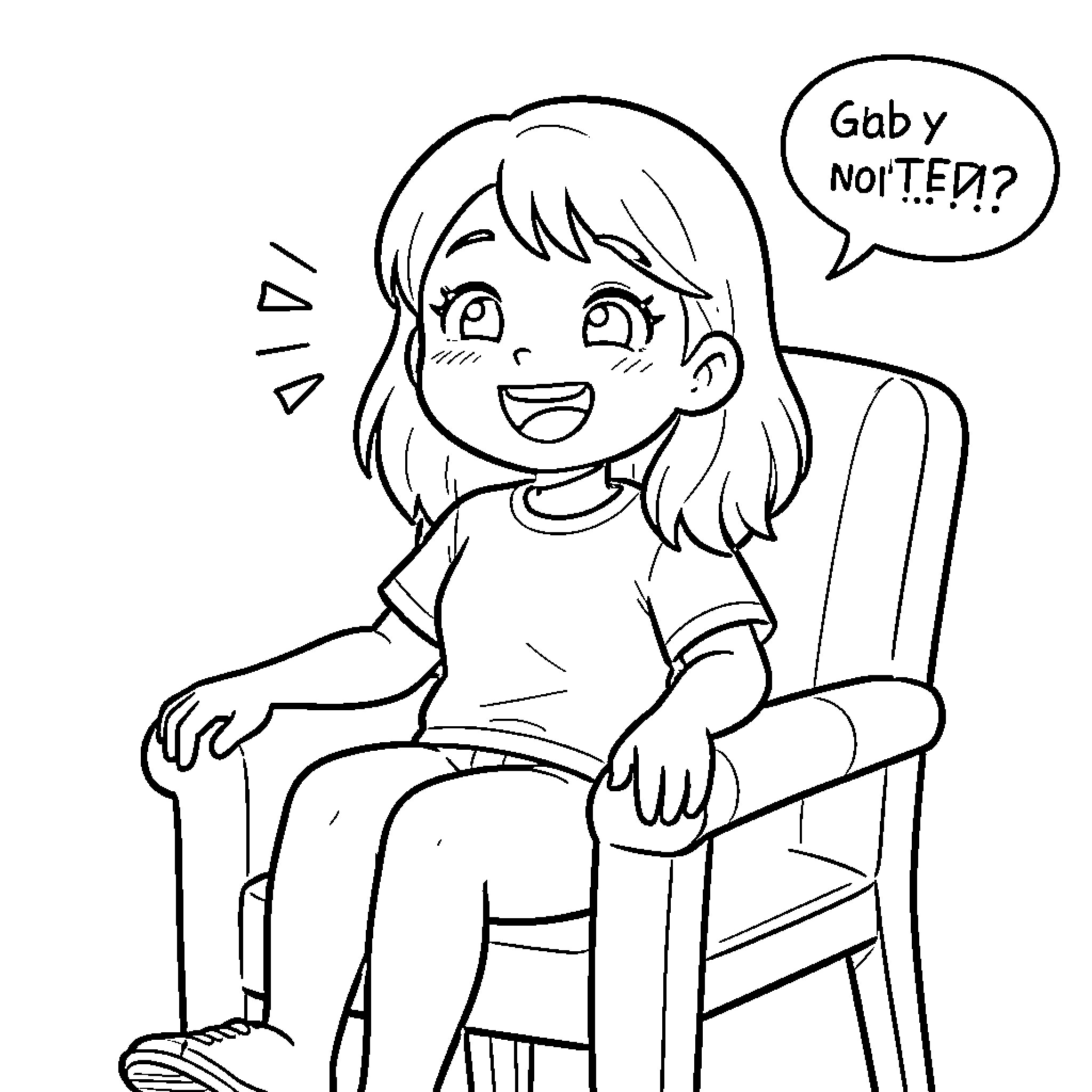 Gabby Excited and Chatty Coloring Page (free black-and-white line drawing printable PDF for all, from beginners to advanced learners, including children, teens, adults, and seniors)