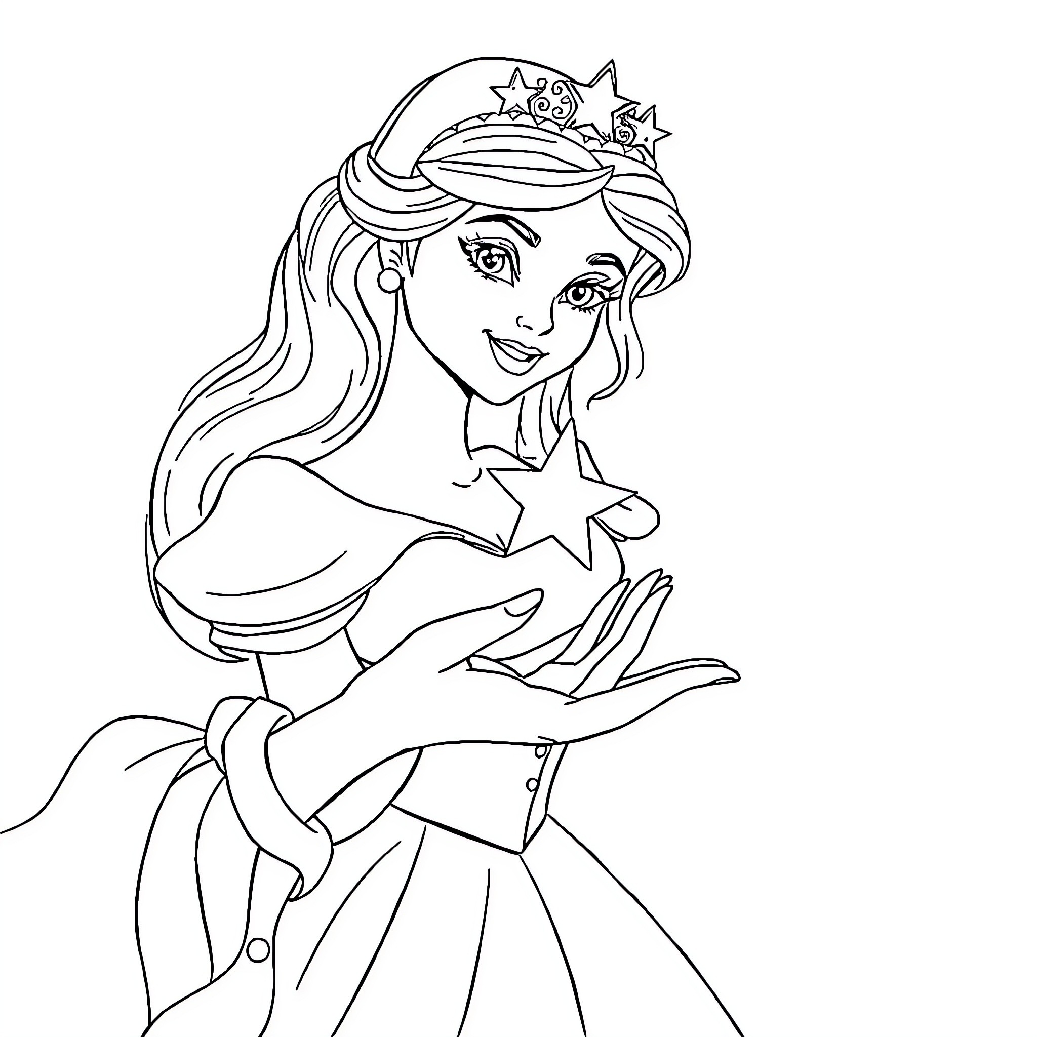 Princess Holding a Glowing Star in Her Hands Coloring Page (free black-and-white line drawing printable PDF for all, from beginners to advanced learners, including children, teens, adults, and seniors)
