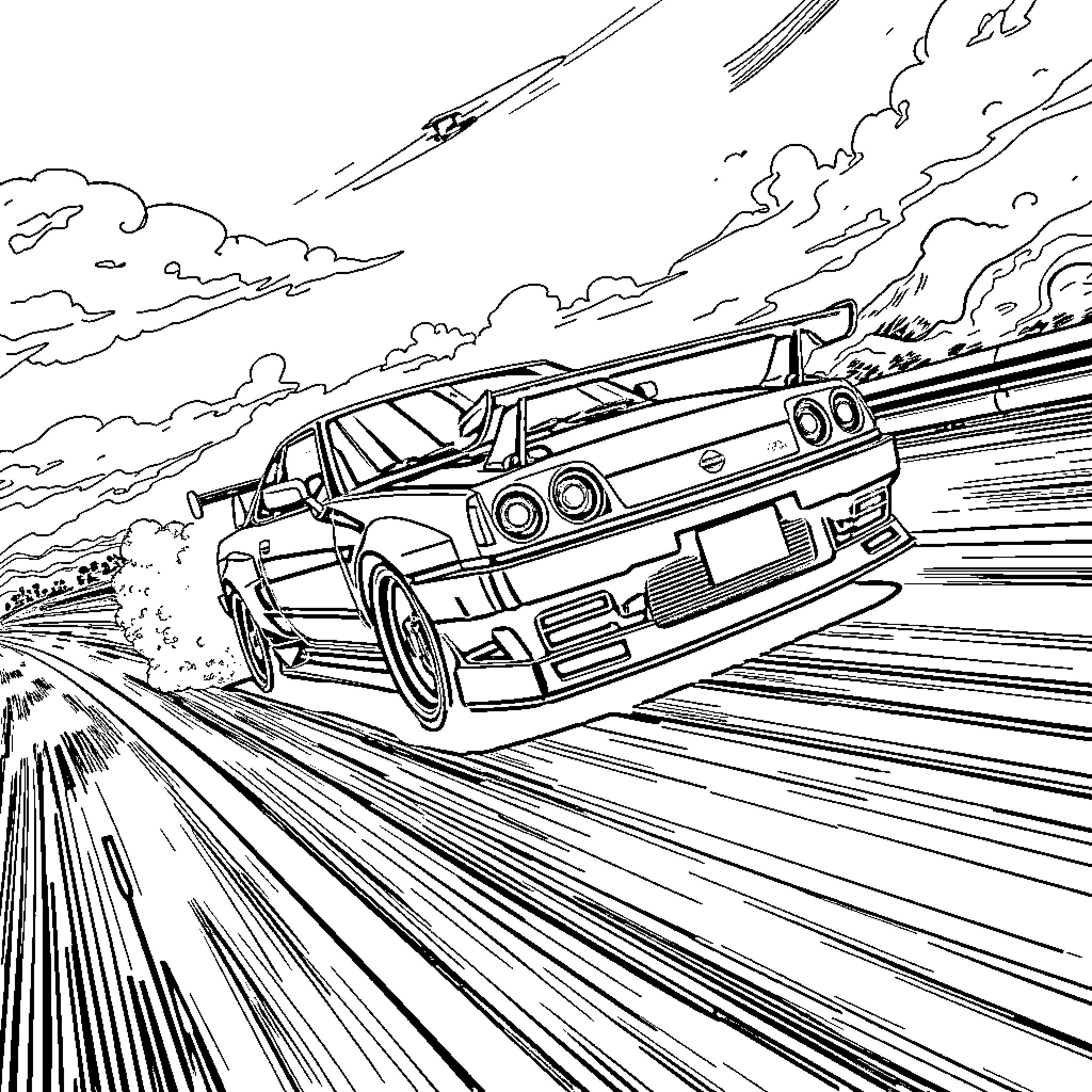 Nissan Skyline racing through the countryside Coloring Page (free black-and-white line drawing printable PDF for all, from beginners to advanced learners, including children, teens, adults, and seniors)