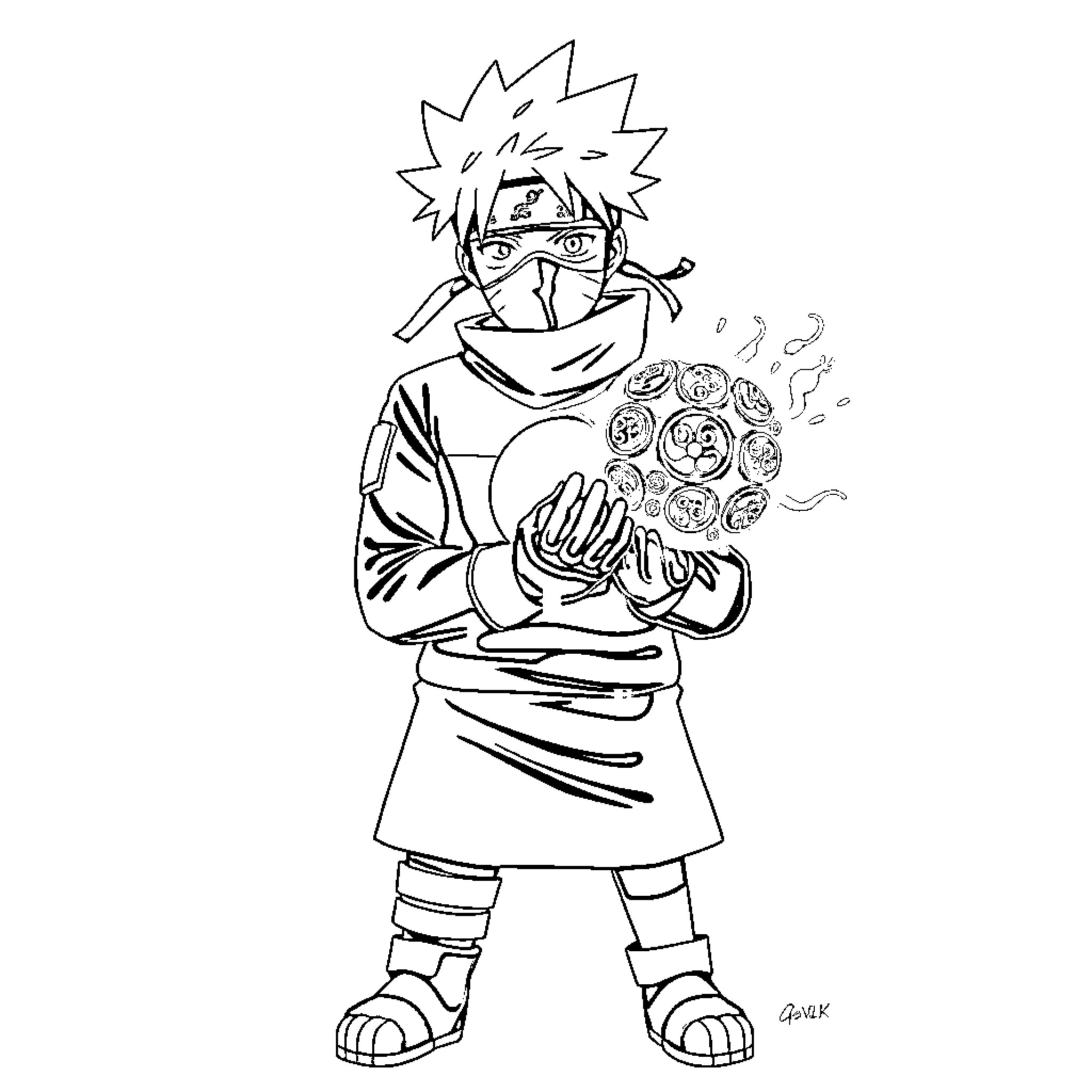 Kakashi performing ninja jutsu with hand signs Coloring Page (free black-and-white line drawing printable PDF for all, from beginners to advanced learners, including children, teens, adults, and seniors)