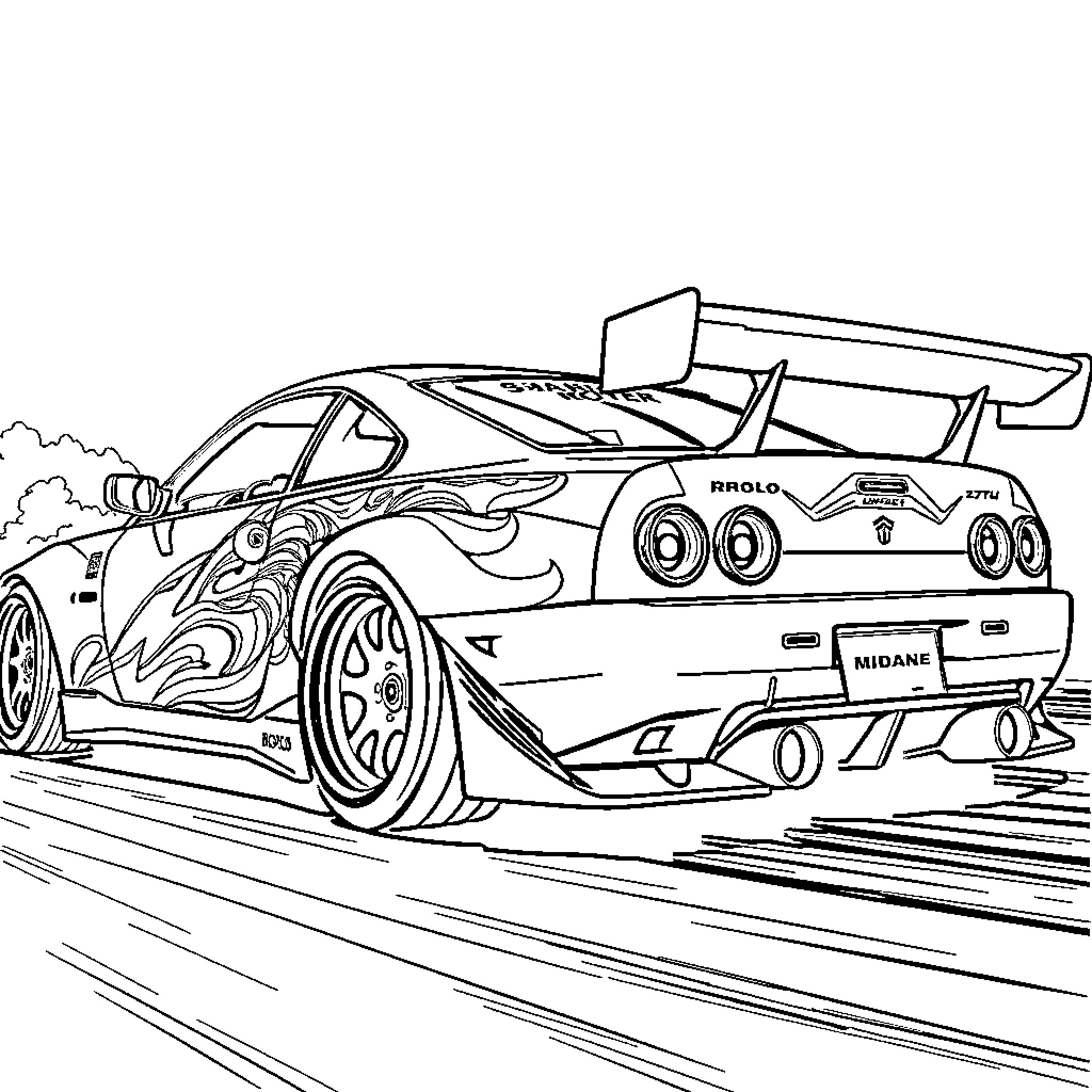 Drift Car racing on the track Coloring Page (free black-and-white line drawing printable PDF for all, from beginners to advanced learners, including children, teens, adults, and seniors)