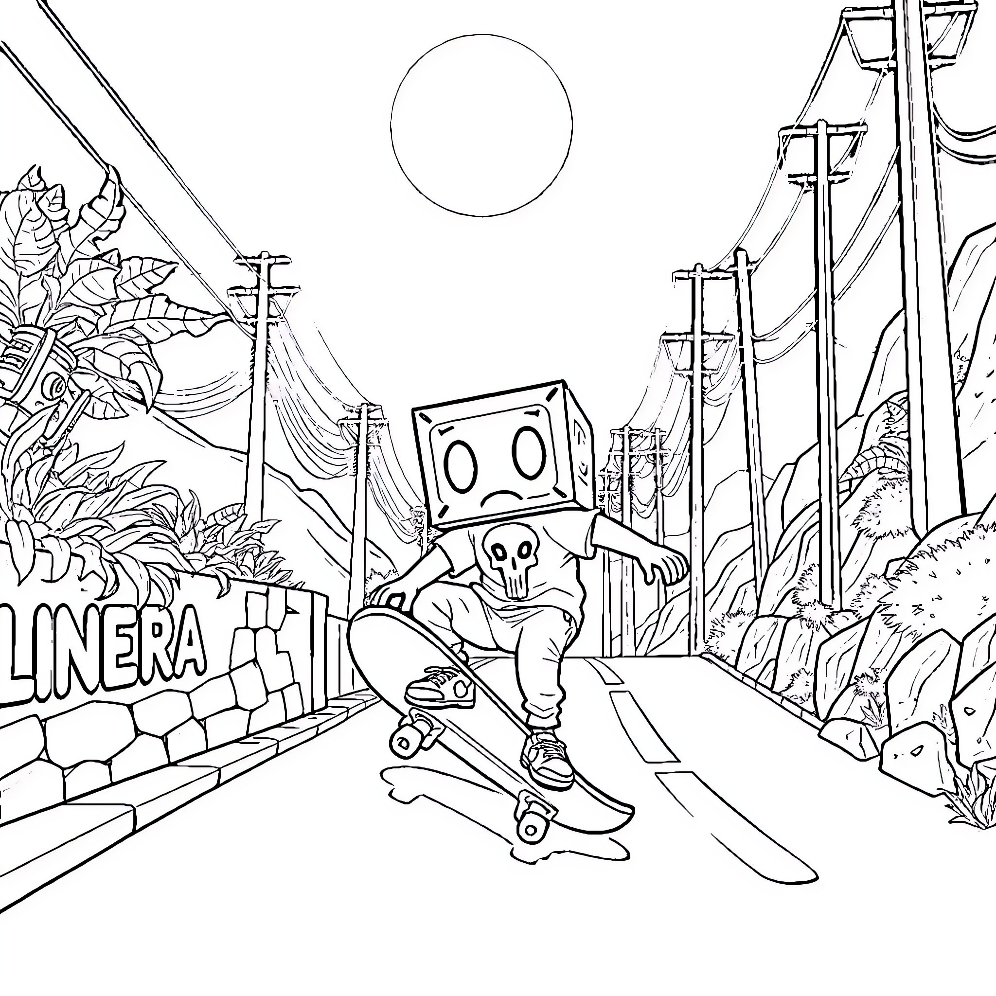 Box-Head Character skateboarding in an urban landscape Coloring Page (free black-and-white line drawing printable PDF for all, from beginners to advanced learners, including children, teens, adults, and seniors)