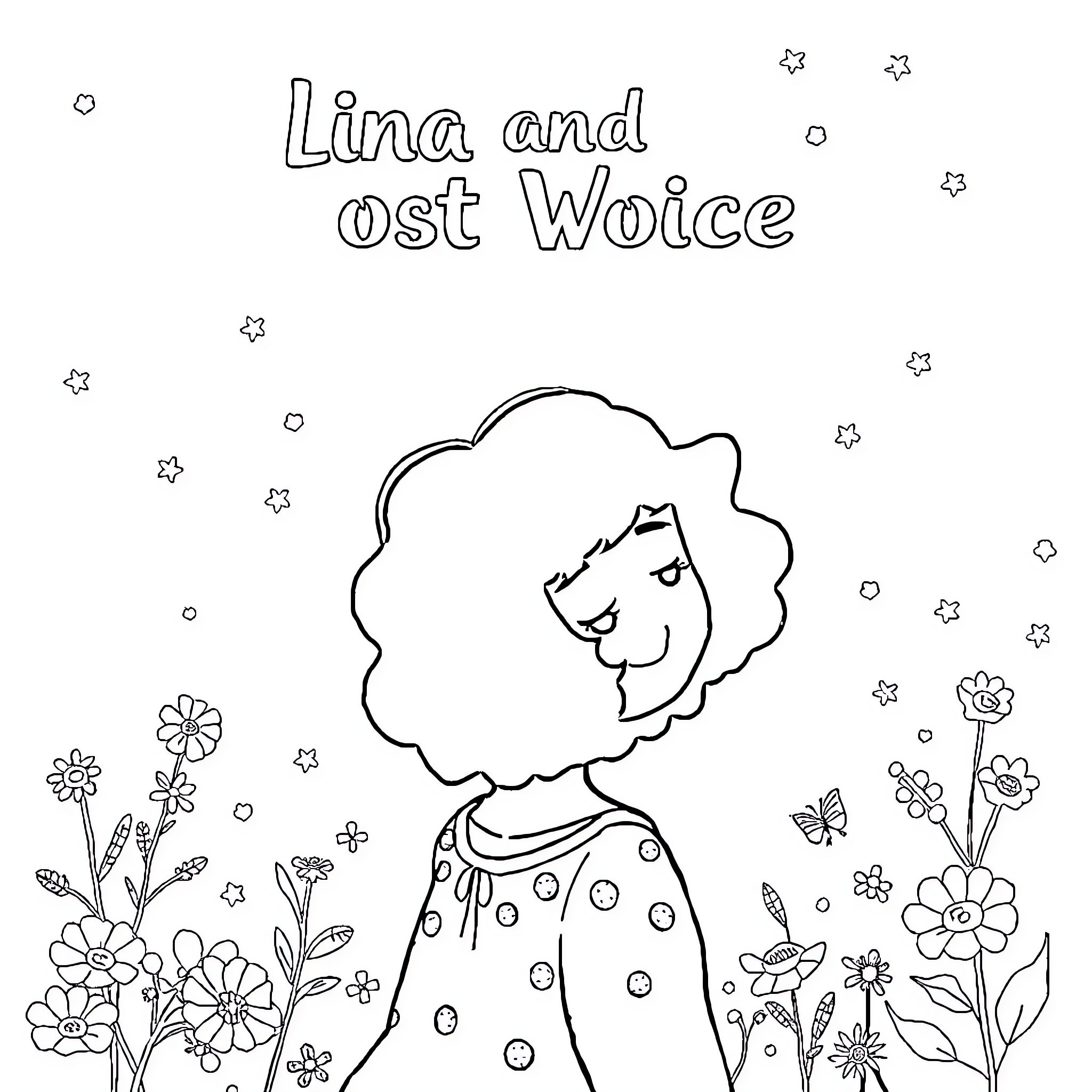 Lina and the Magical Flowers Coloring Page (free black-and-white line drawing printable PDF for all, from beginners to advanced learners, including children, teens, adults, and seniors)