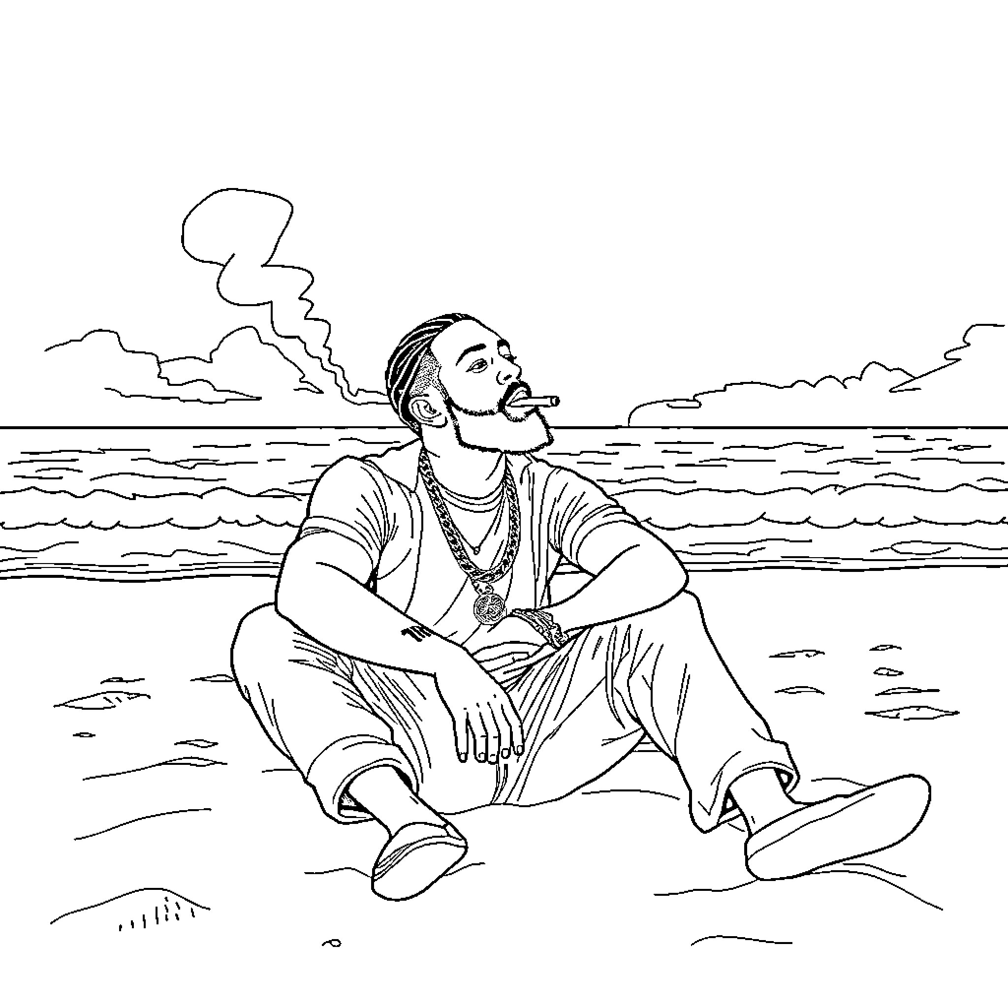 Nipsey Hussle sitting thoughtfully on the beach Coloring Page (free black-and-white line drawing printable PDF for all, from beginners to advanced learners, including children, teens, adults, and seniors)