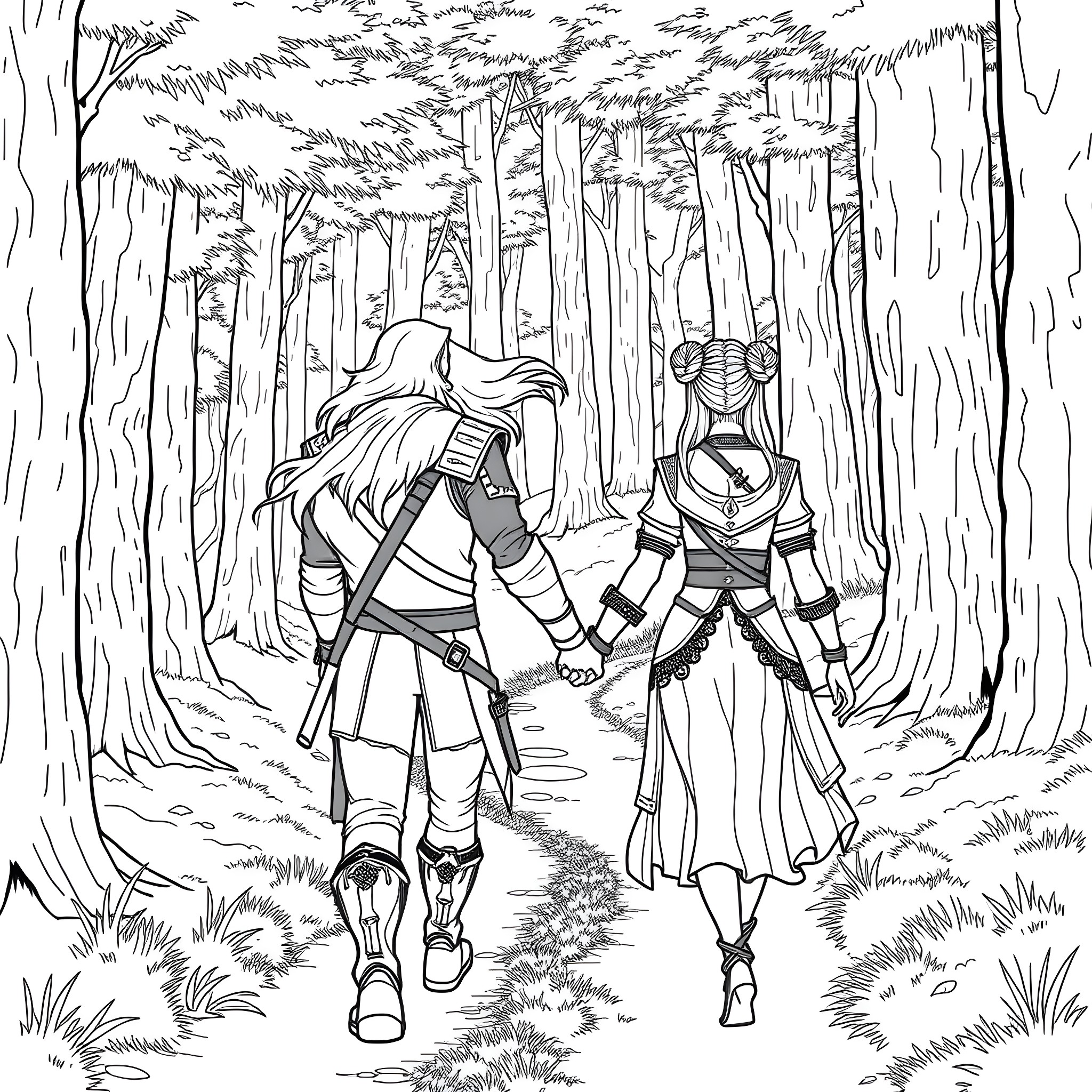 Geralt and Companion Traverse the Enchanted Forest Coloring Page (free black-and-white line drawing printable PDF for all, from beginners to advanced learners, including children, teens, adults, and seniors)