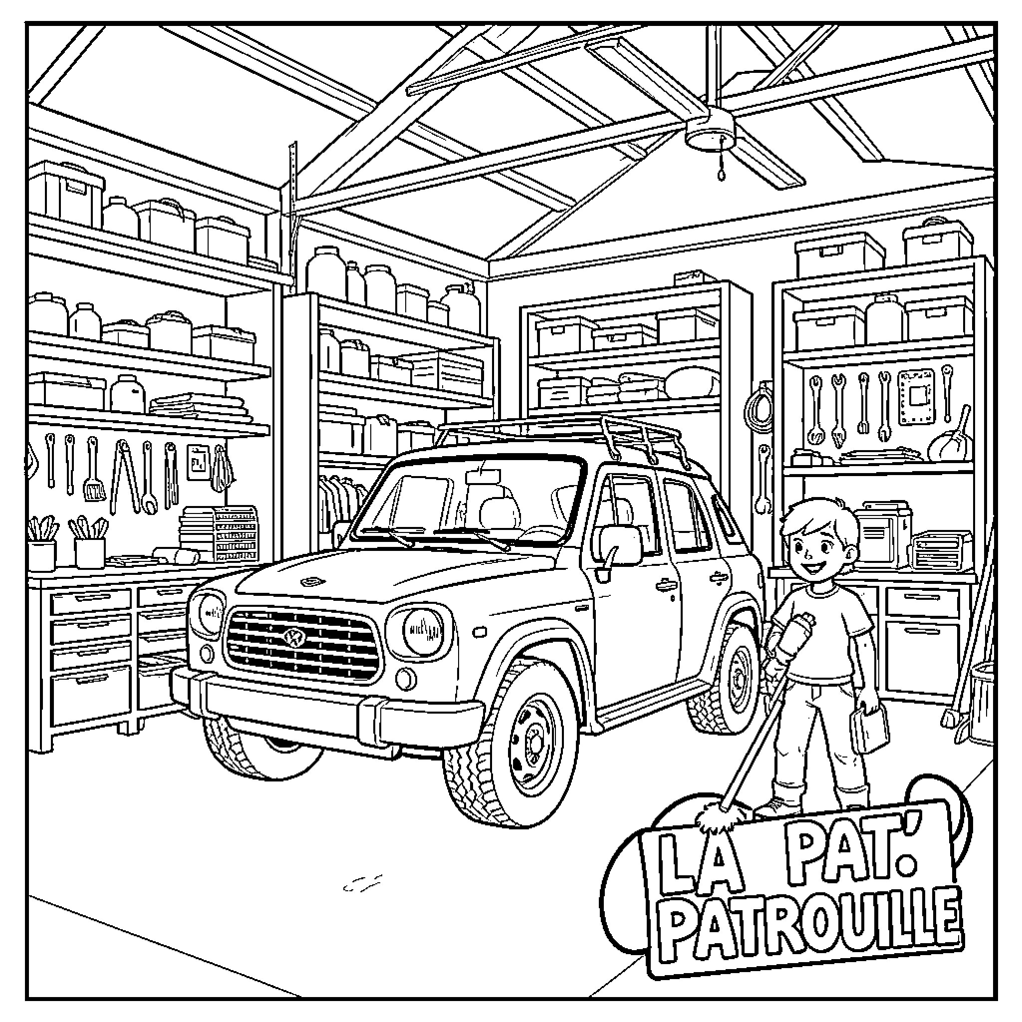Paw Patrol characters and vehicle in a garage scene Coloring Page (free black-and-white line drawing printable PDF for all, from beginners to advanced learners, including children, teens, adults, and seniors)