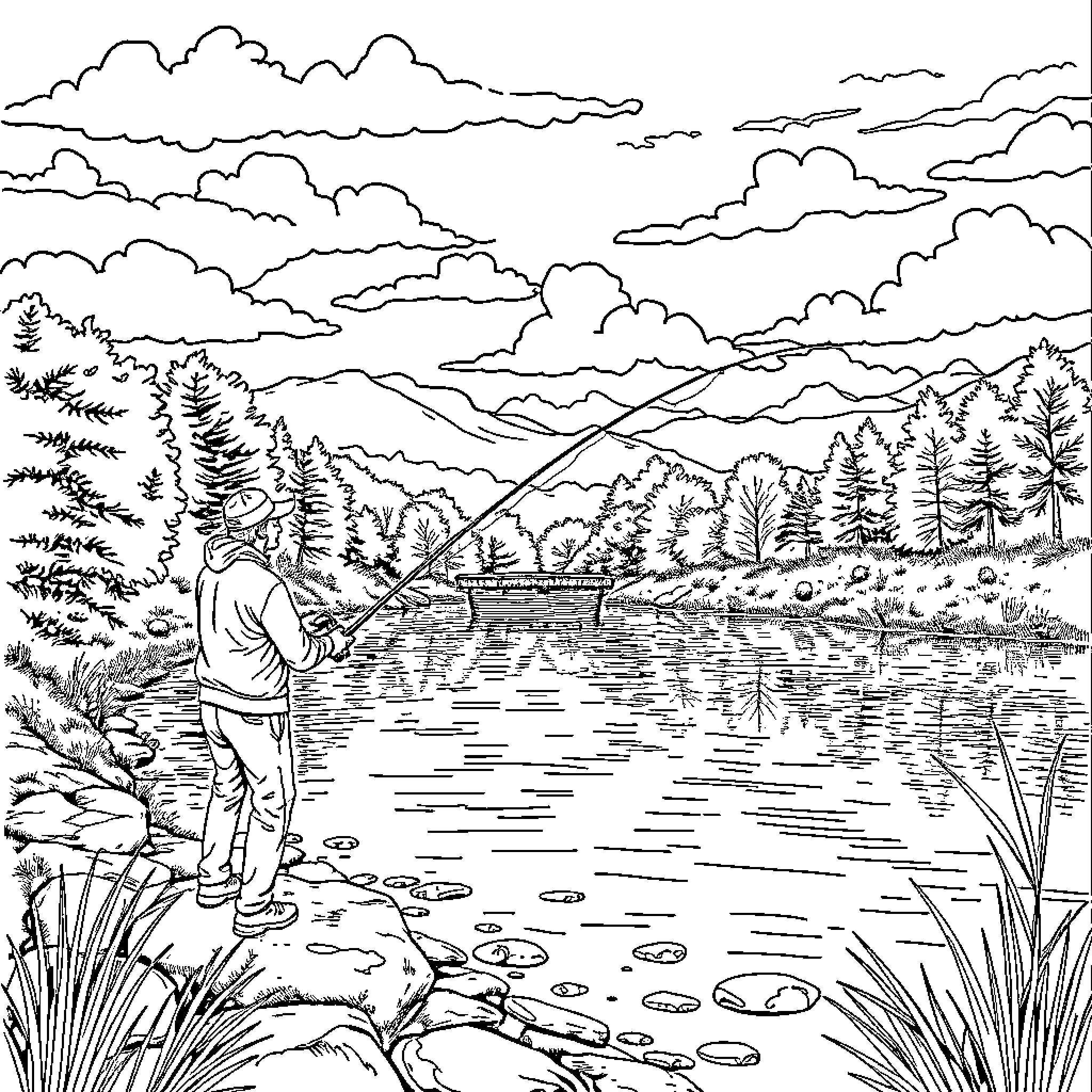 Magnet angler in serene mountain landscape Coloring Page (free black-and-white line drawing printable PDF for all, from beginners to advanced learners, including children, teens, adults, and seniors)