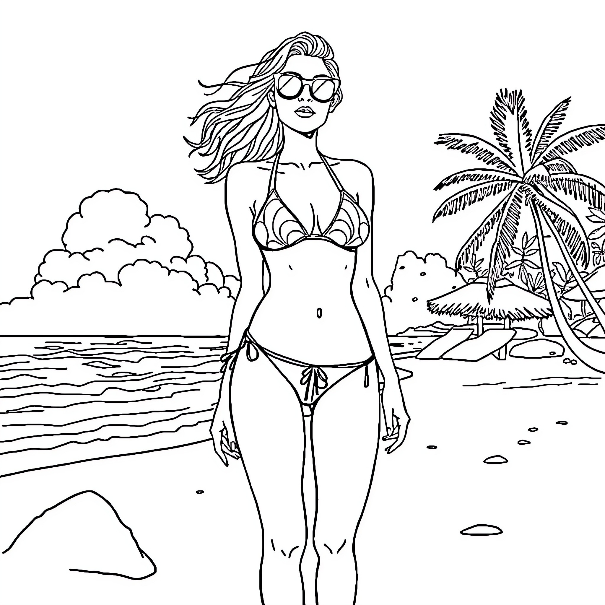 Woman enjoying the tropical beach scene Coloring Page (free black-and-white line drawing printable PDF for all, from beginners to advanced learners, including children, teens, adults, and seniors)