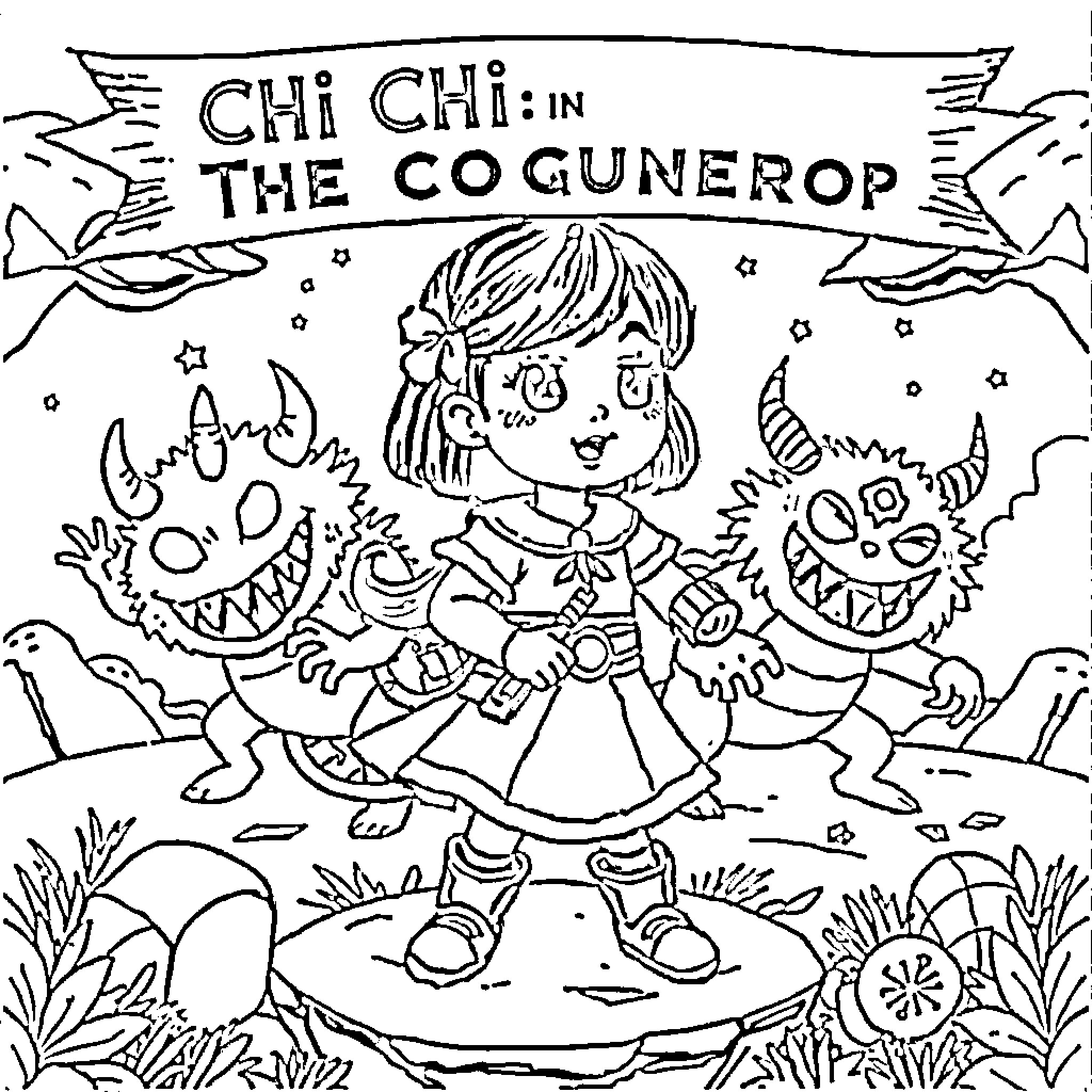 Chi Chi in the Co Gunerop Coloring Page (free black-and-white line drawing printable PDF for all, from beginners to advanced learners, including children, teens, adults, and seniors)