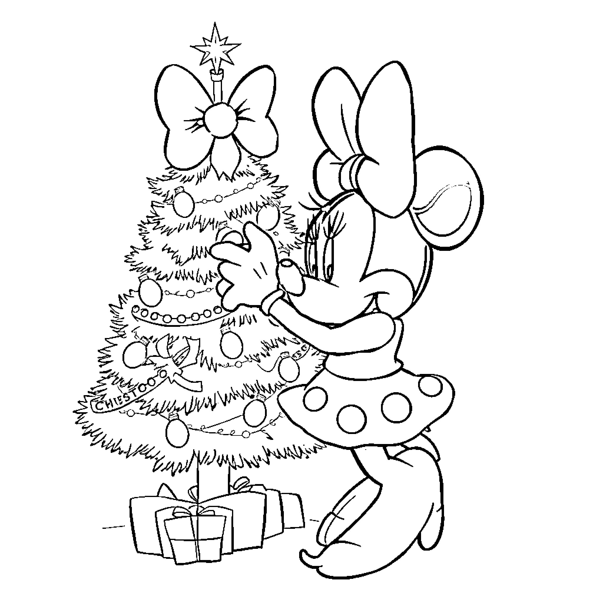 Minnie decorating a Christmas tree Coloring Page (free black-and-white line drawing printable PDF for all, from beginners to advanced learners, including children, teens, adults, and seniors)