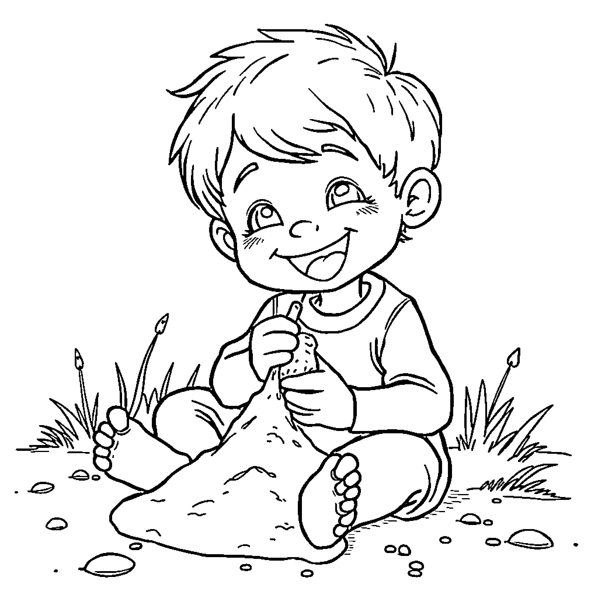 Kid playing happily with sand in the park Coloring Page (free black-and-white line drawing printable PDF for all, from beginners to advanced learners, including children, teens, adults, and seniors)