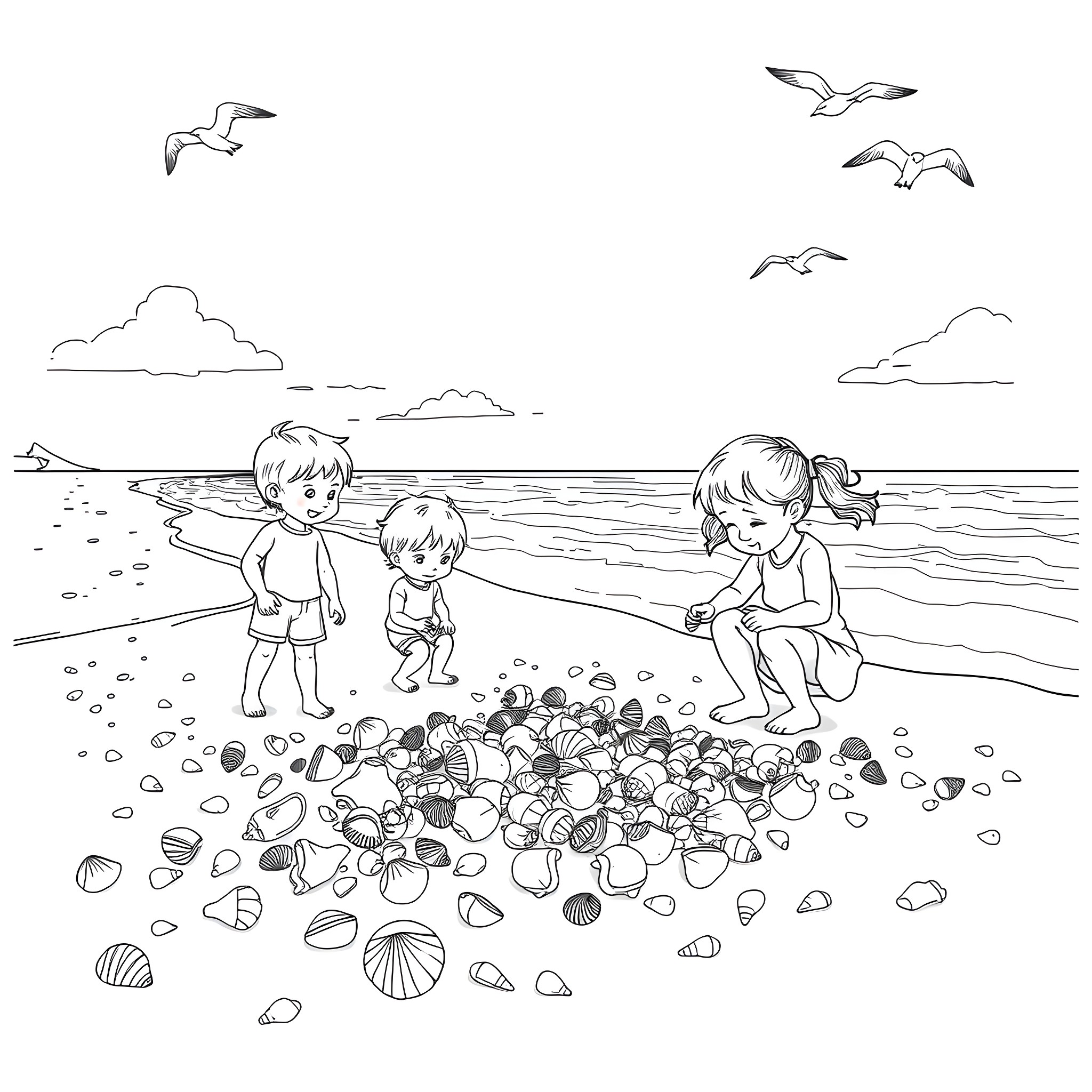 Kids Exploring Beachside Shells and Seabirds Coloring Page (free black-and-white line drawing printable PDF for all, from beginners to advanced learners, including children, teens, adults, and seniors)