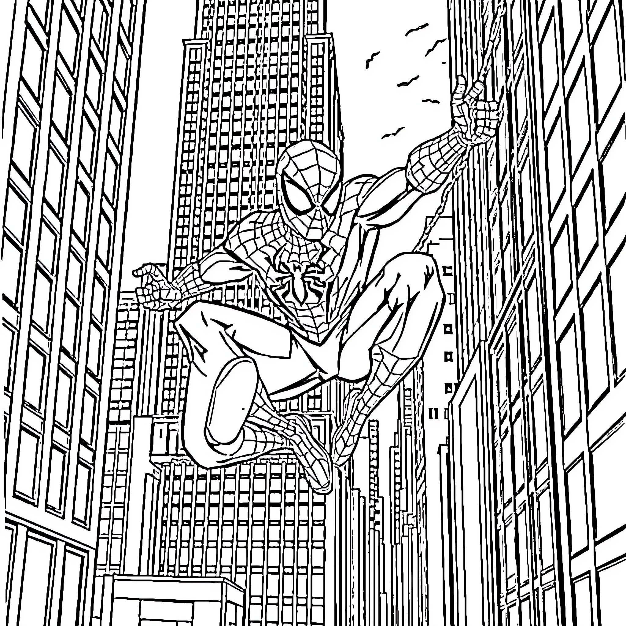 Spiderman swinging through the city skyscrapers Coloring Page (free black-and-white line drawing printable PDF for all, from beginners to advanced learners, including children, teens, adults, and seniors)