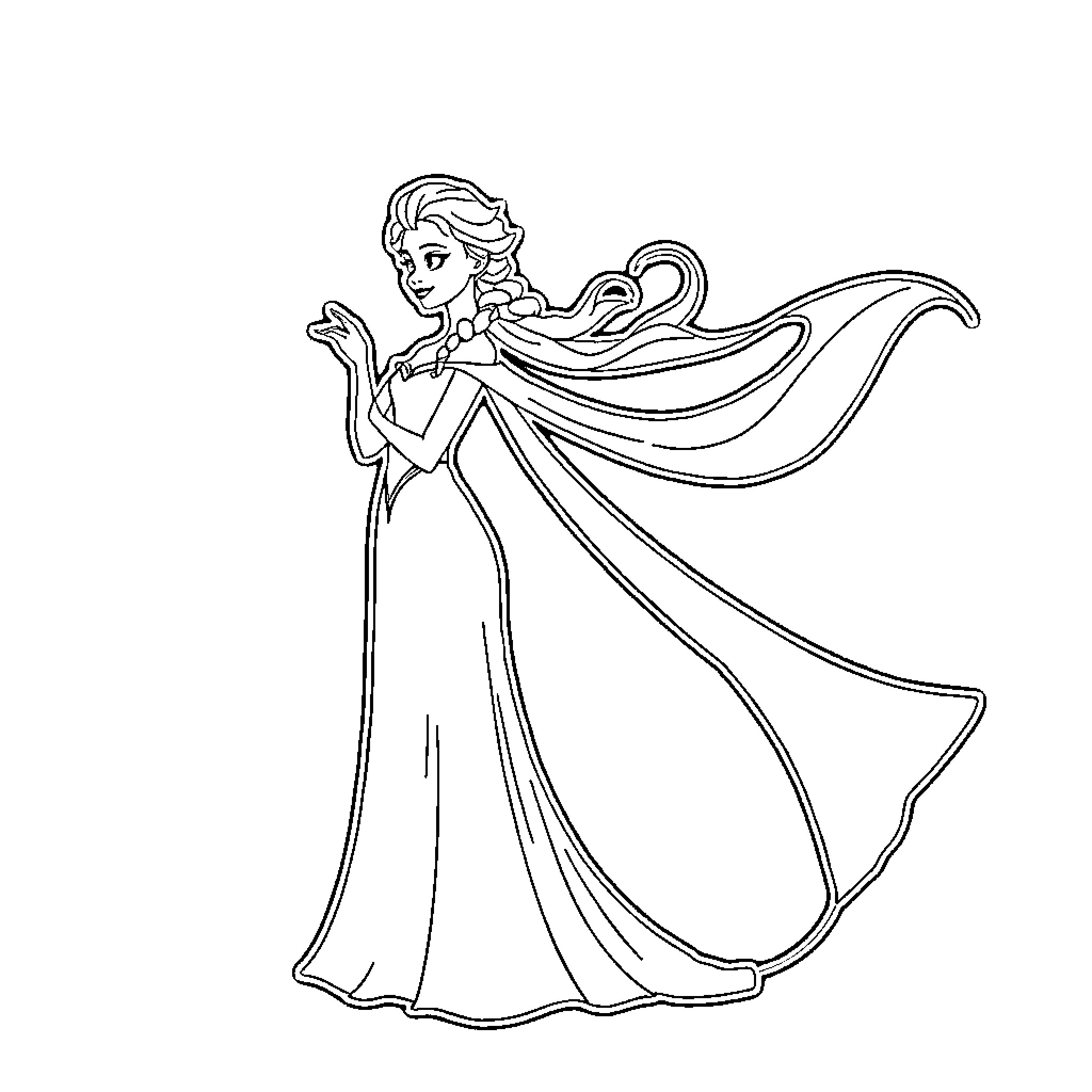 Elsa in elegant flowing gown Coloring Page (free black-and-white line drawing printable PDF for all, from beginners to advanced learners, including children, teens, adults, and seniors)