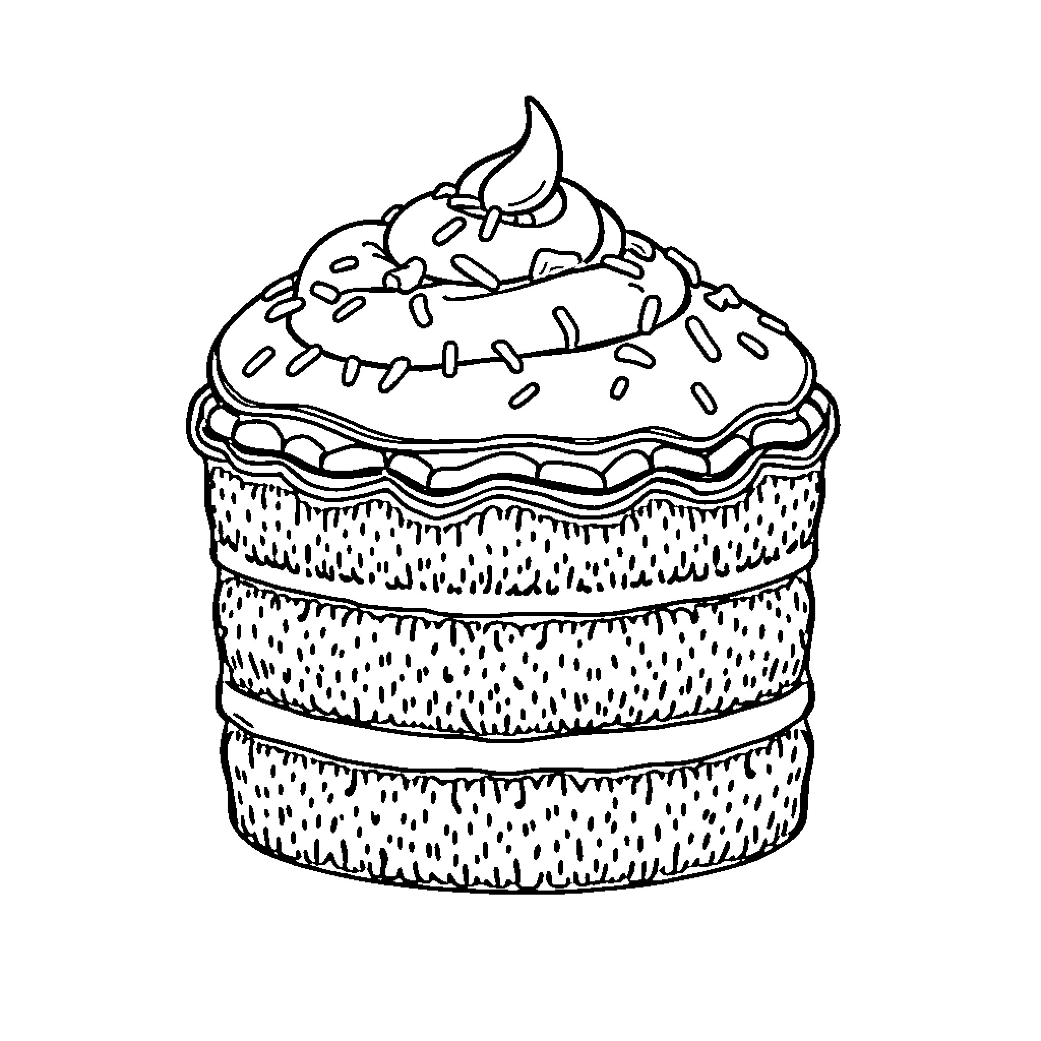 Cake with festive decorations and toppings Coloring Page (free black-and-white line drawing printable PDF for all, from beginners to advanced learners, including children, teens, adults, and seniors)