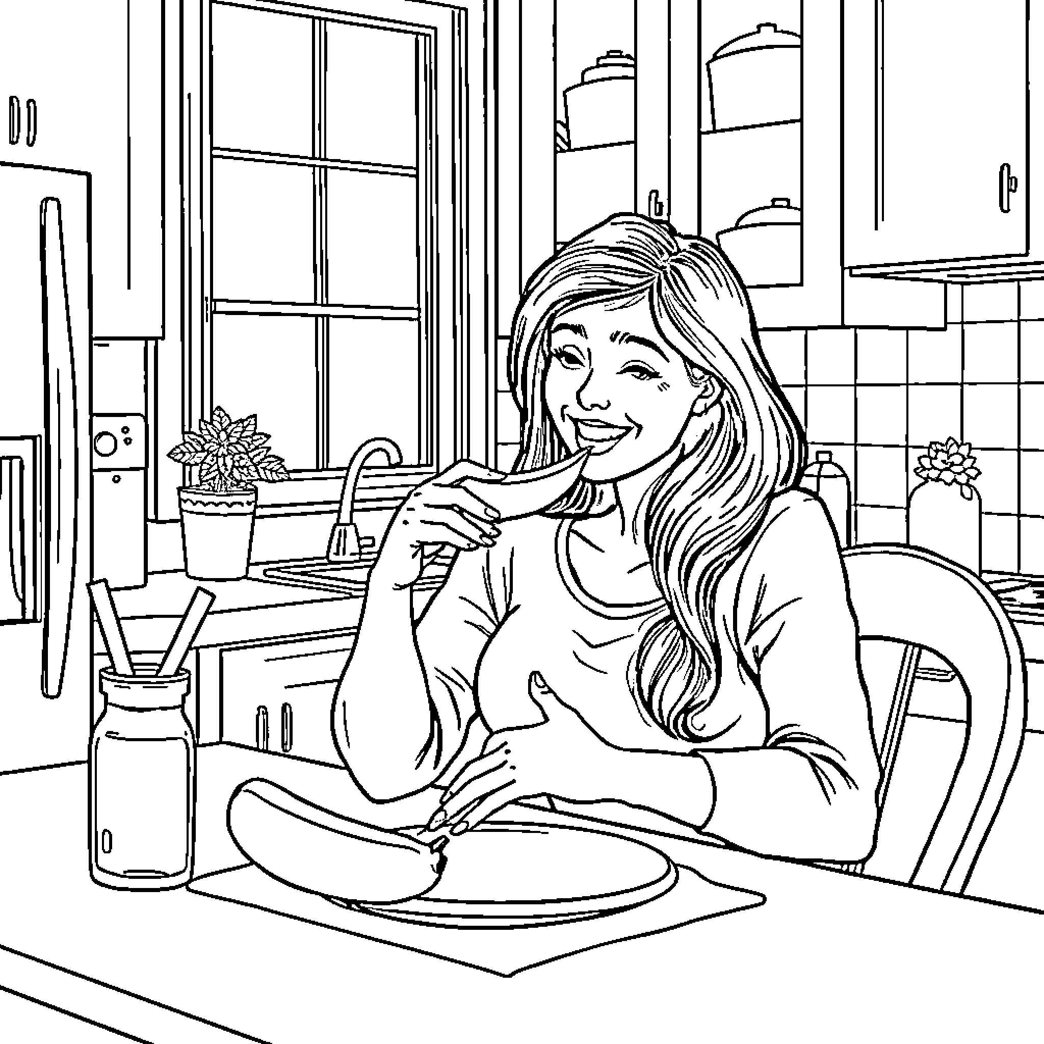 Mom enjoys a meal in the cozy kitchen Coloring Page (free black-and-white line drawing printable PDF for all, from beginners to advanced learners, including children, teens, adults, and seniors)