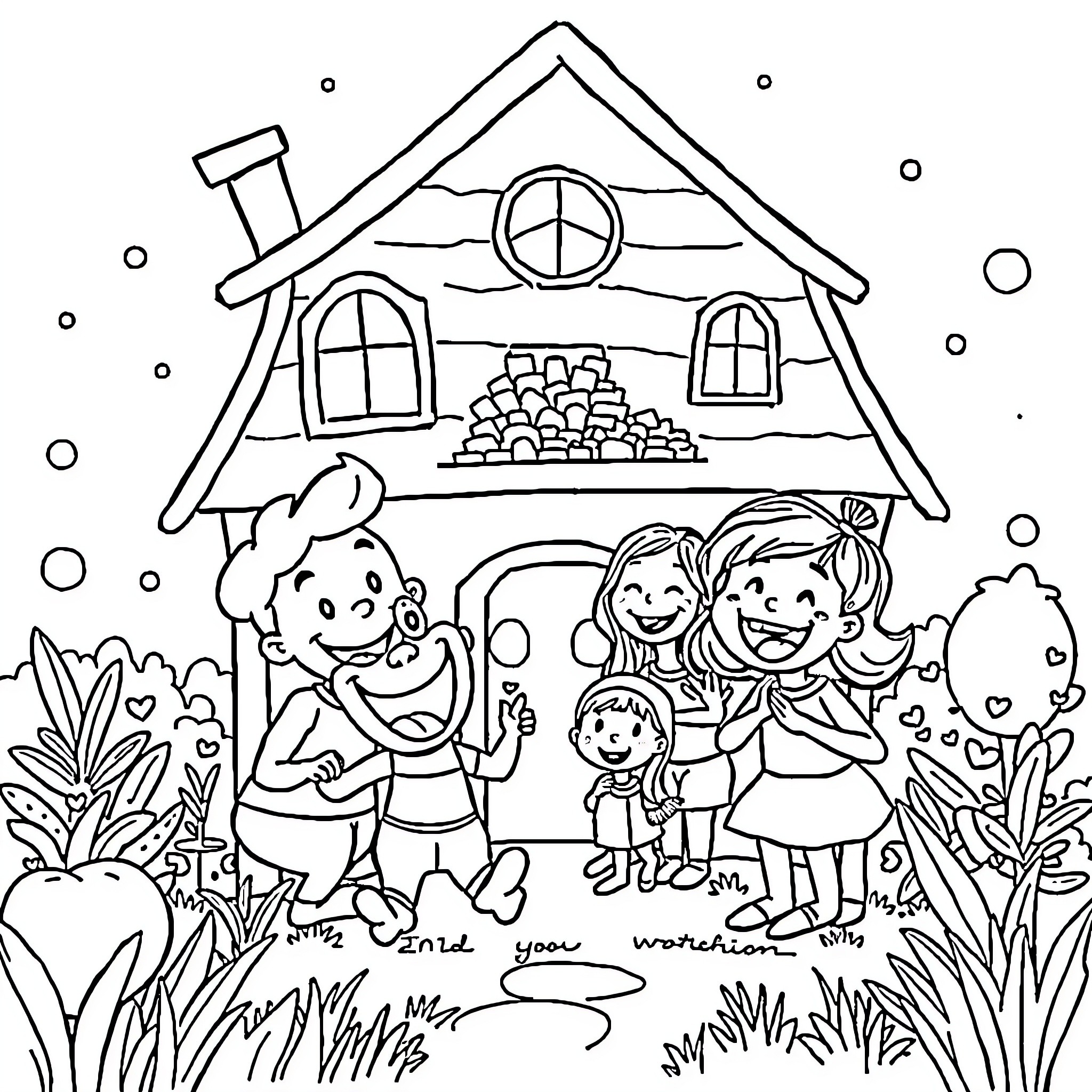 House with Family Enjoying Outdoor Scene Coloring Page (free black-and-white line drawing printable PDF for all, from beginners to advanced learners, including children, teens, adults, and seniors)