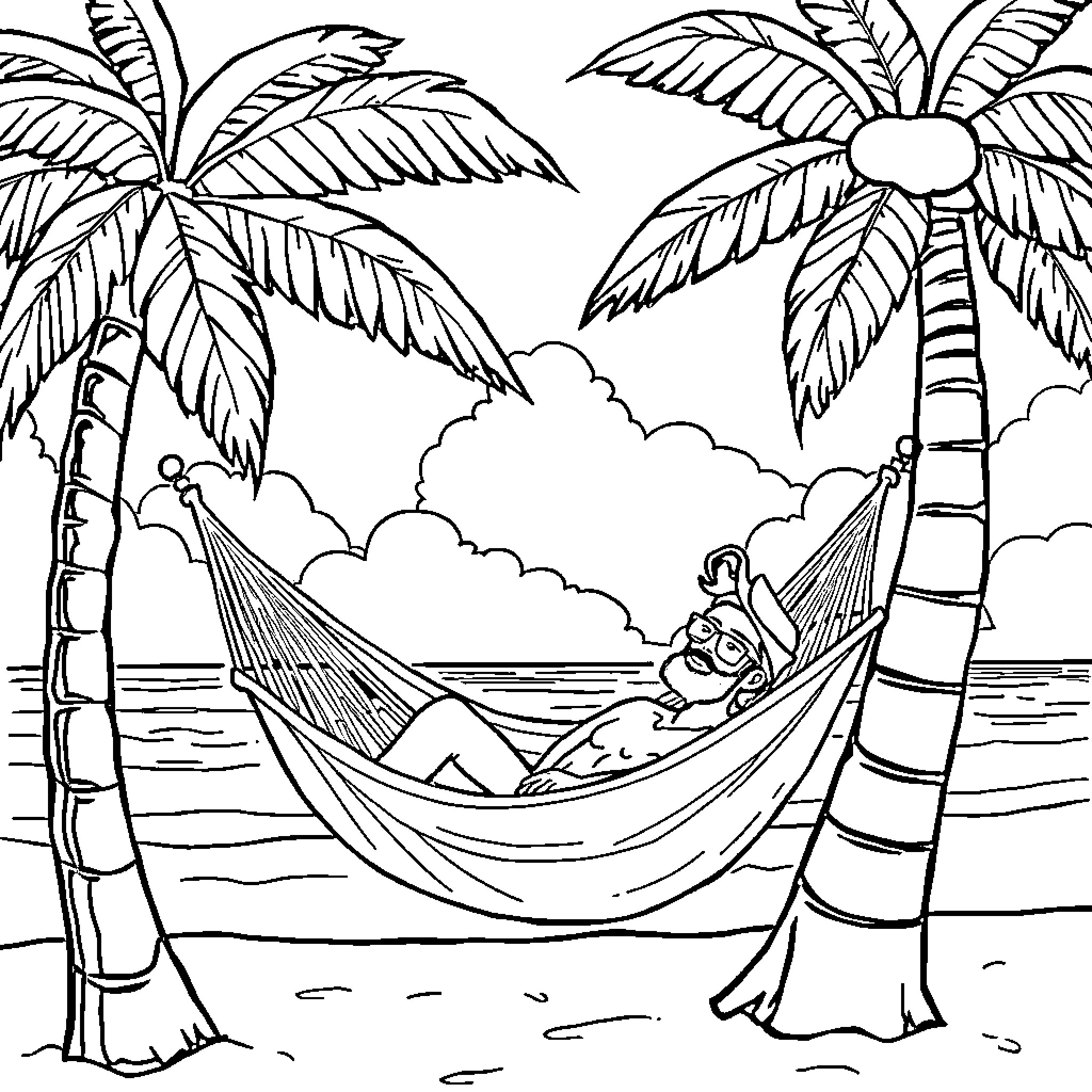 Dude relaxing in a hammock under palm trees Coloring Page (free black-and-white line drawing printable PDF for all, from beginners to advanced learners, including children, teens, adults, and seniors)