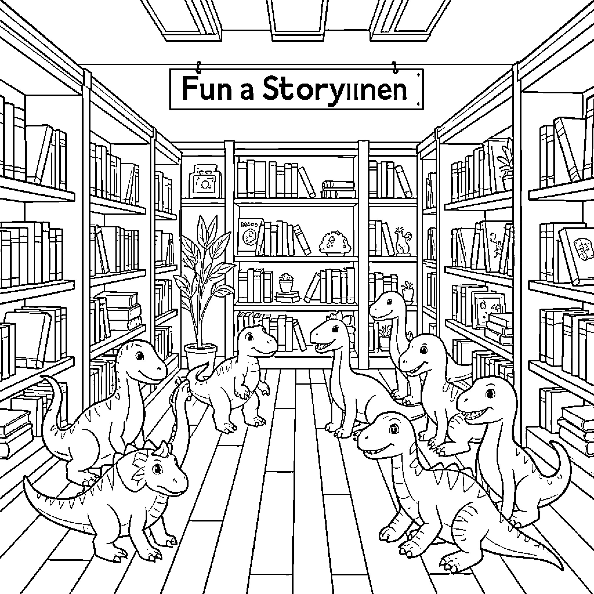 Dinosaurs exploring a fun library Coloring Page (free black-and-white line drawing printable PDF for all, from beginners to advanced learners, including children, teens, adults, and seniors)