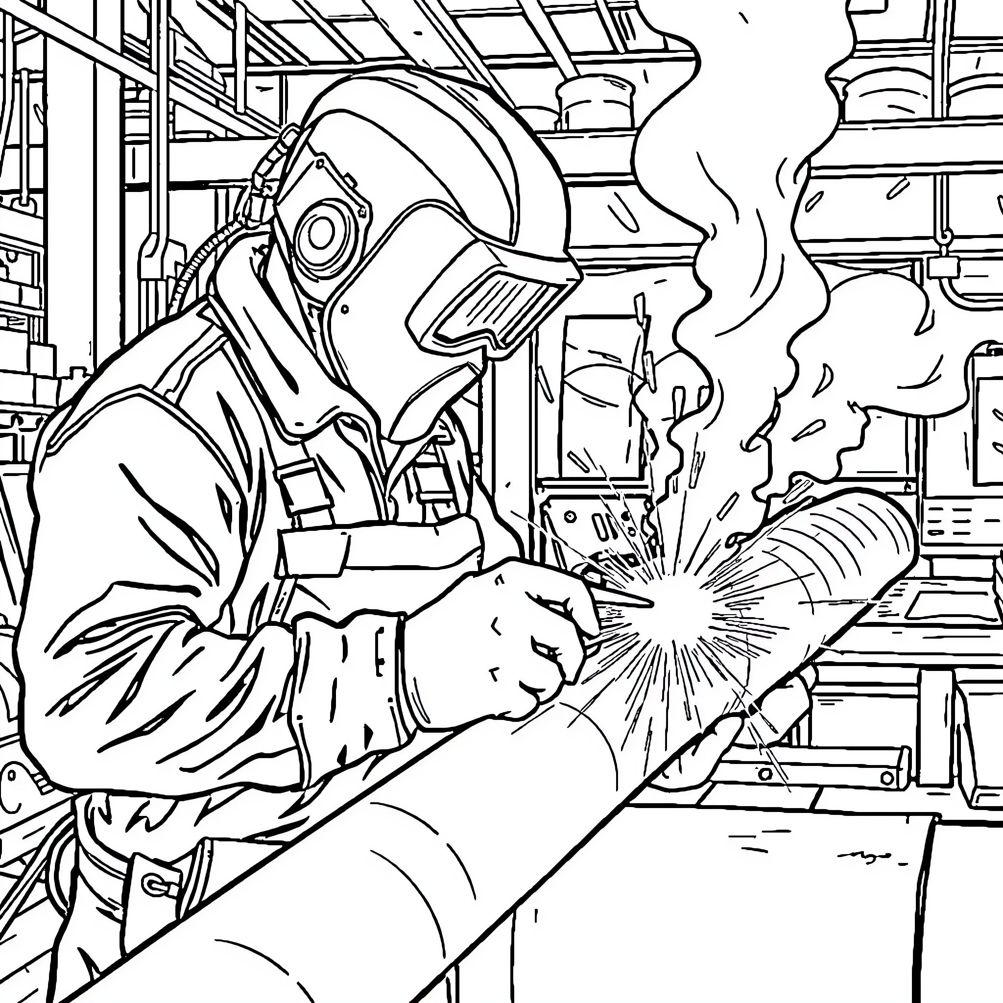 Welder performing precision metalwork in industrial setting Coloring Page (free black-and-white line drawing printable PDF for all, from beginners to advanced learners, including children, teens, adults, and seniors)