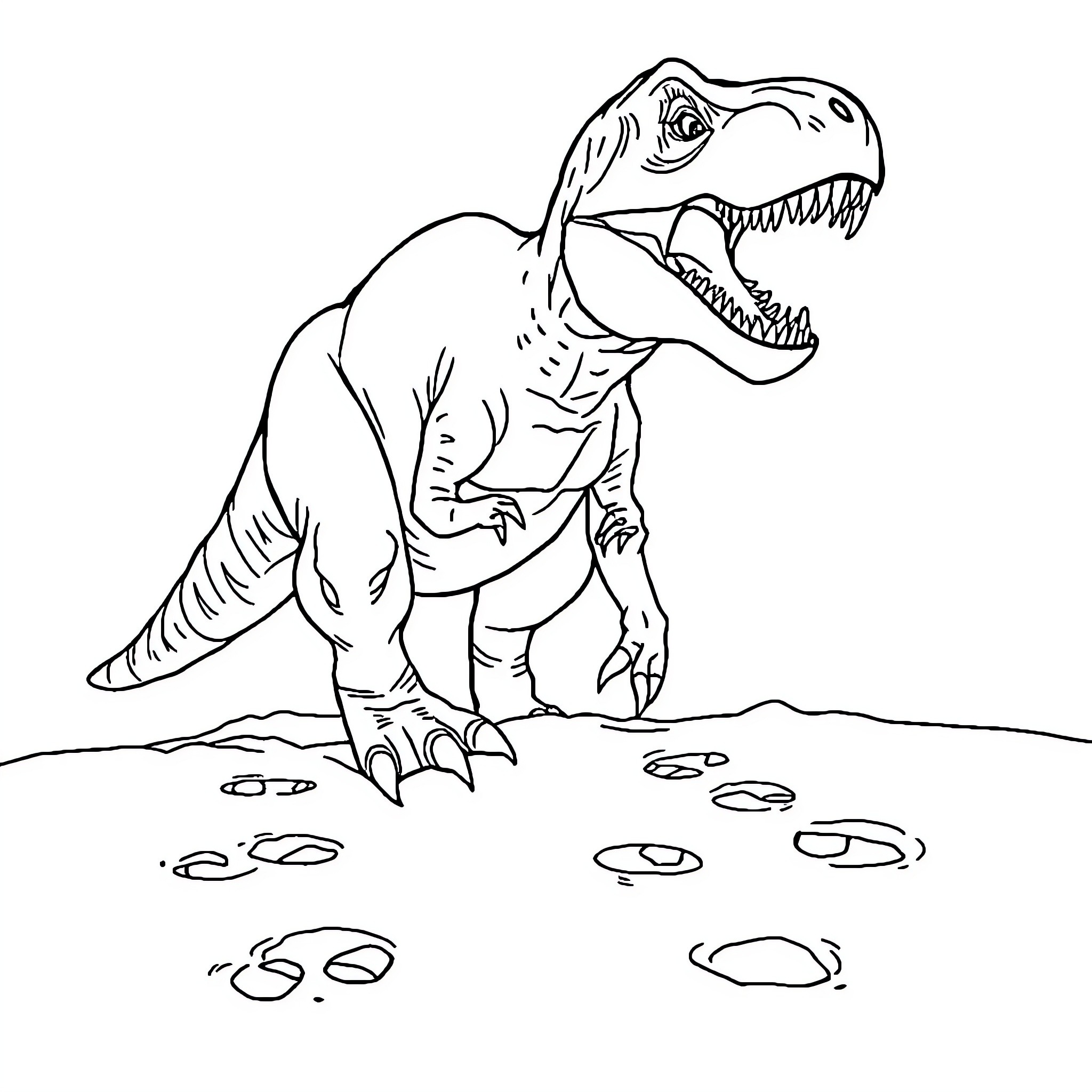 T-Rex Roaring Fiercely on Prehistoric Landscape Coloring Page (free black-and-white line drawing printable PDF for all, from beginners to advanced learners, including children, teens, adults, and seniors)