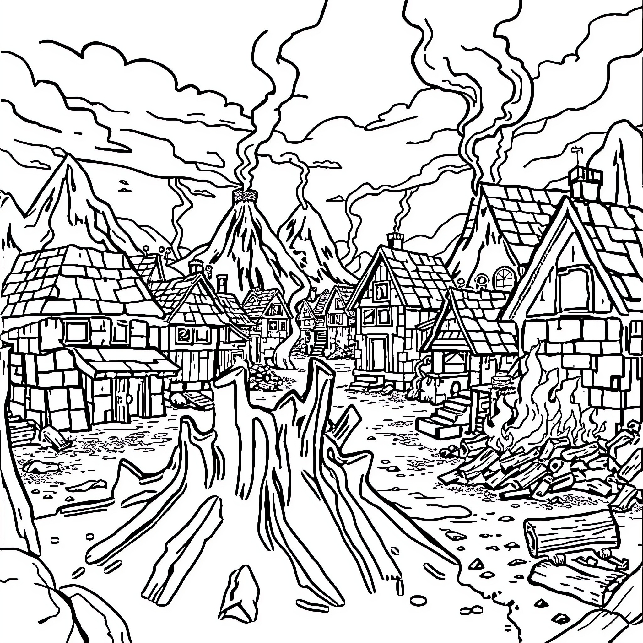Minecraft Village Devastation Amidst Volcanic Eruption Coloring Page (free black-and-white line drawing printable PDF for all, from beginners to advanced learners, including children, teens, adults, and seniors)