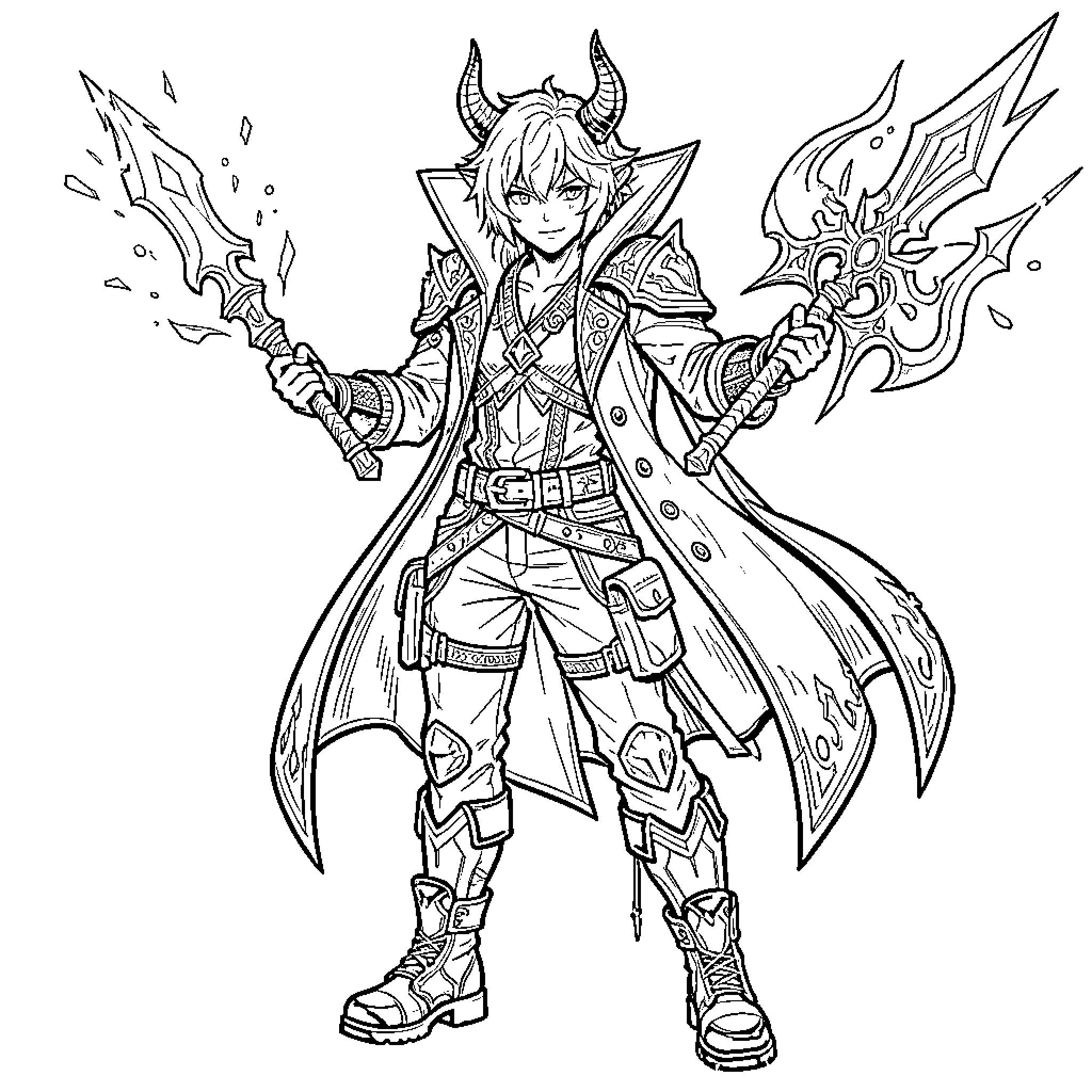 Demon Hunter in Fierce Battle Gear Coloring Page (free black-and-white line drawing printable PDF for all, from beginners to advanced learners, including children, teens, adults, and seniors)