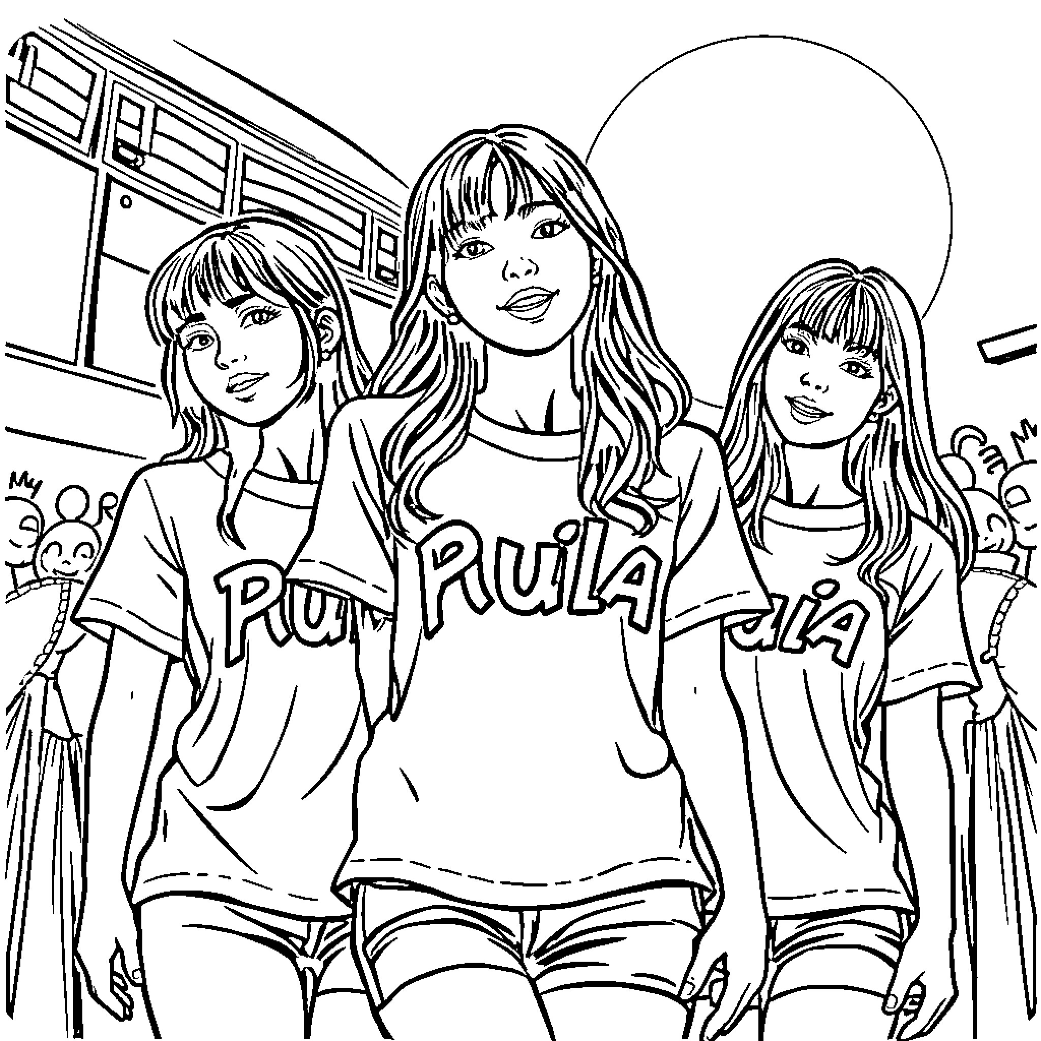 Guerrera: Three young women in casual attire Coloring Page (free black-and-white line drawing printable PDF for all, from beginners to advanced learners, including children, teens, adults, and seniors)