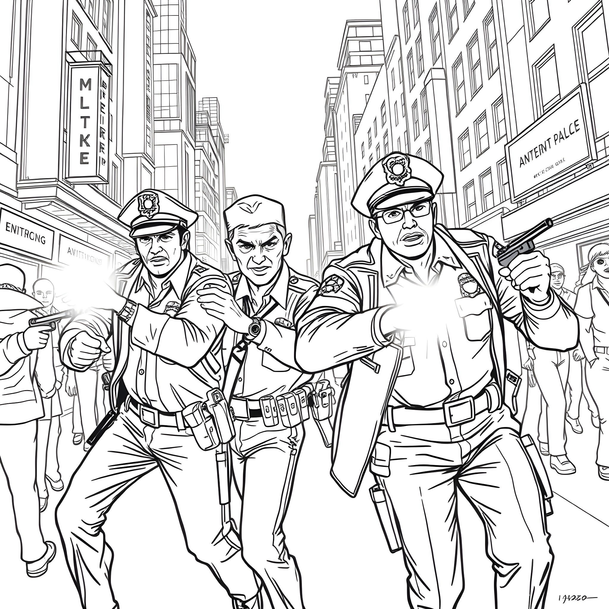 Police officers on duty in the city streets Coloring Page (free black-and-white line drawing printable PDF for all, from beginners to advanced learners, including children, teens, adults, and seniors)