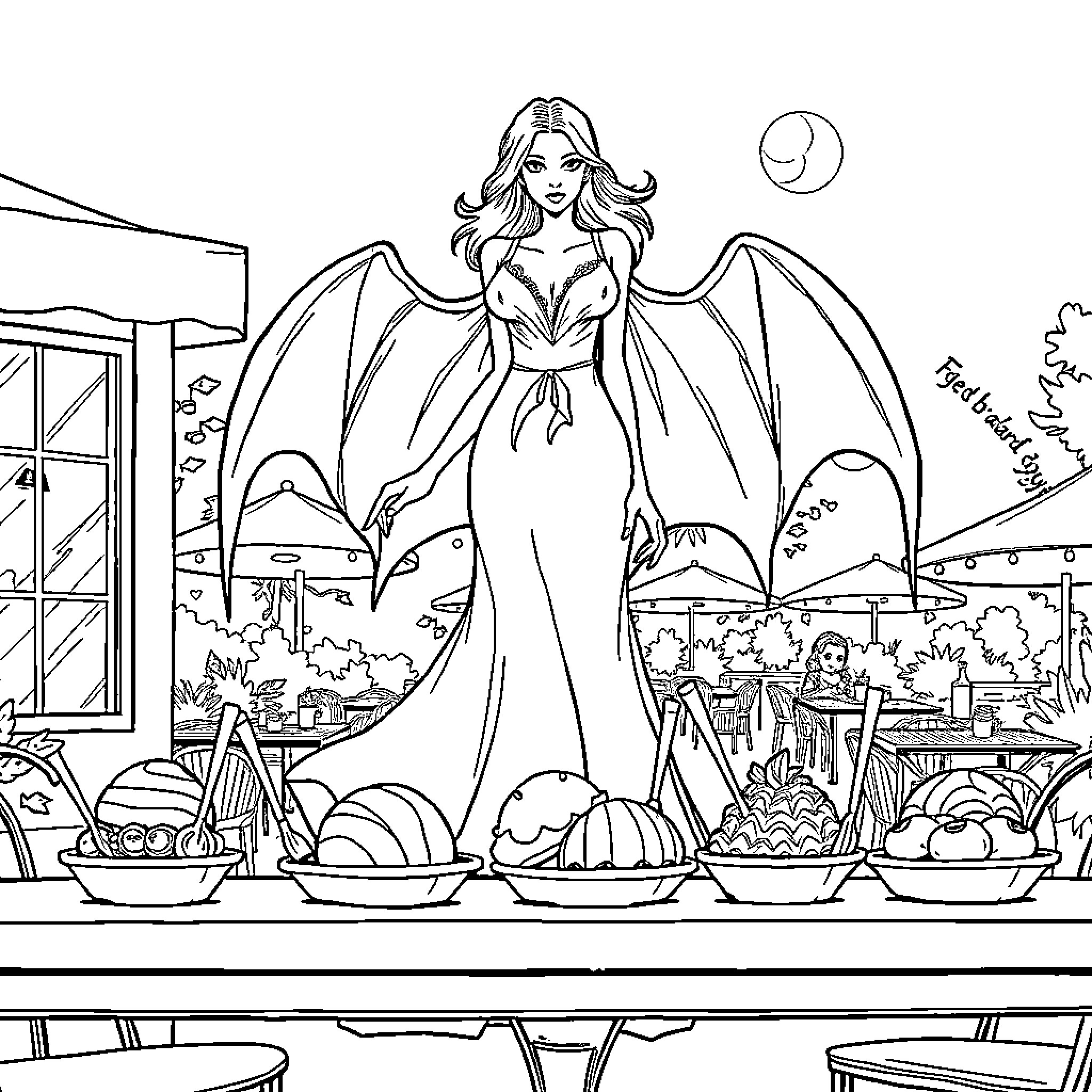 Vampire woman with wings showcases a bountiful harvest Coloring Page (free black-and-white line drawing printable PDF for all, from beginners to advanced learners, including children, teens, adults, and seniors)