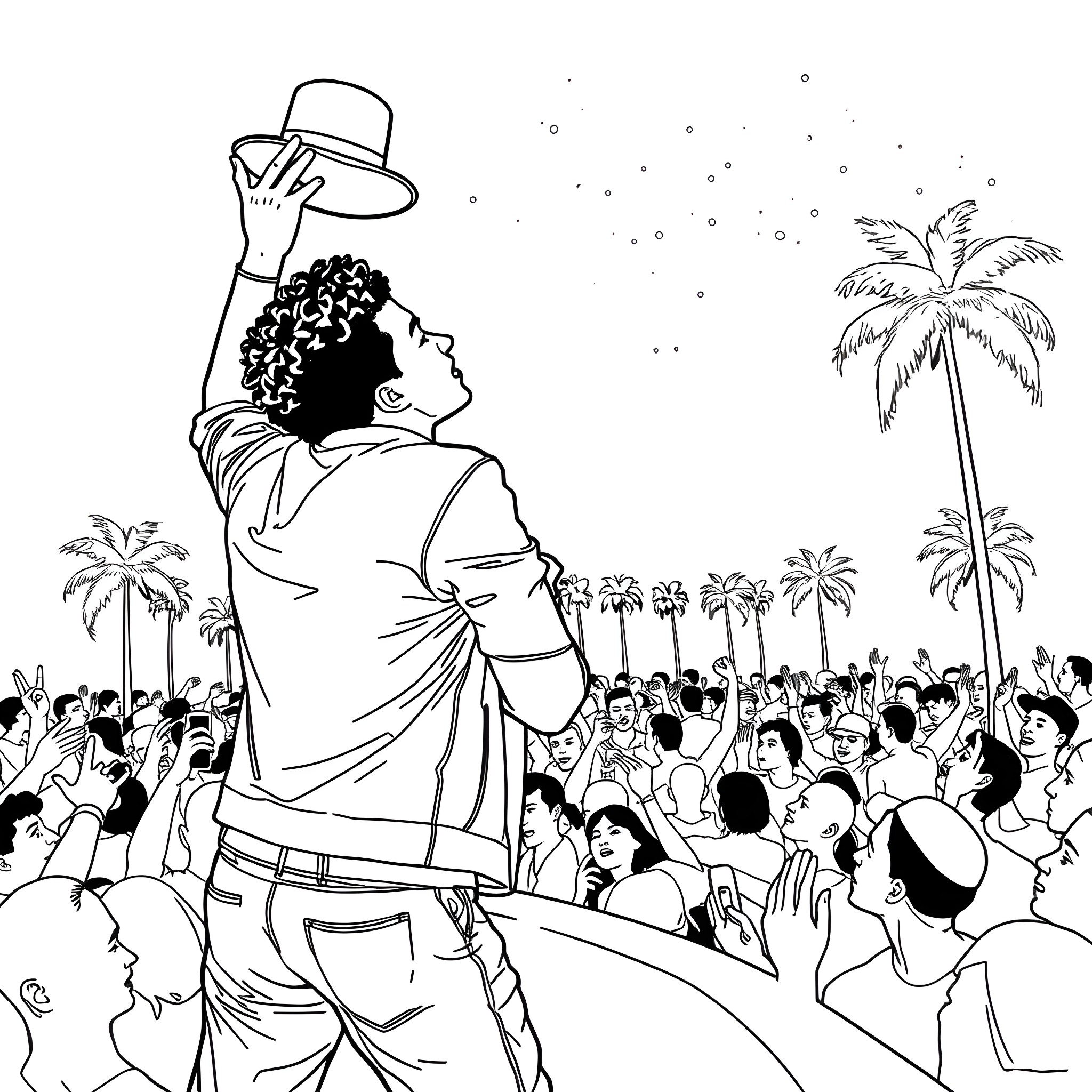 Bruno Mars performing on stage with crowd in tropical setting Coloring Page (free black-and-white line drawing printable PDF for all, from beginners to advanced learners, including children, teens, adults, and seniors)