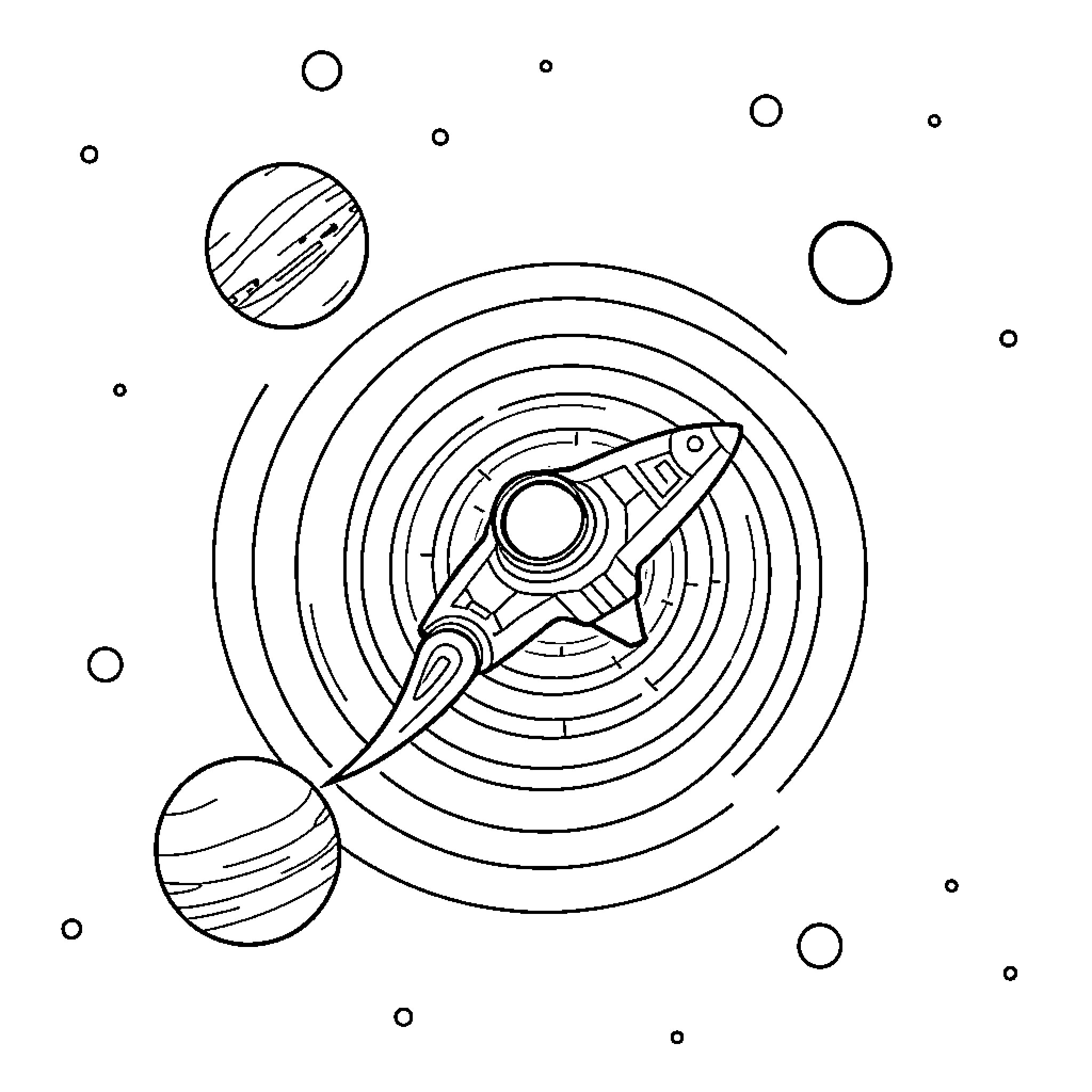 Spaceship traveling through the cosmos Coloring Page (free black-and-white line drawing printable PDF for all, from beginners to advanced learners, including children, teens, adults, and seniors)