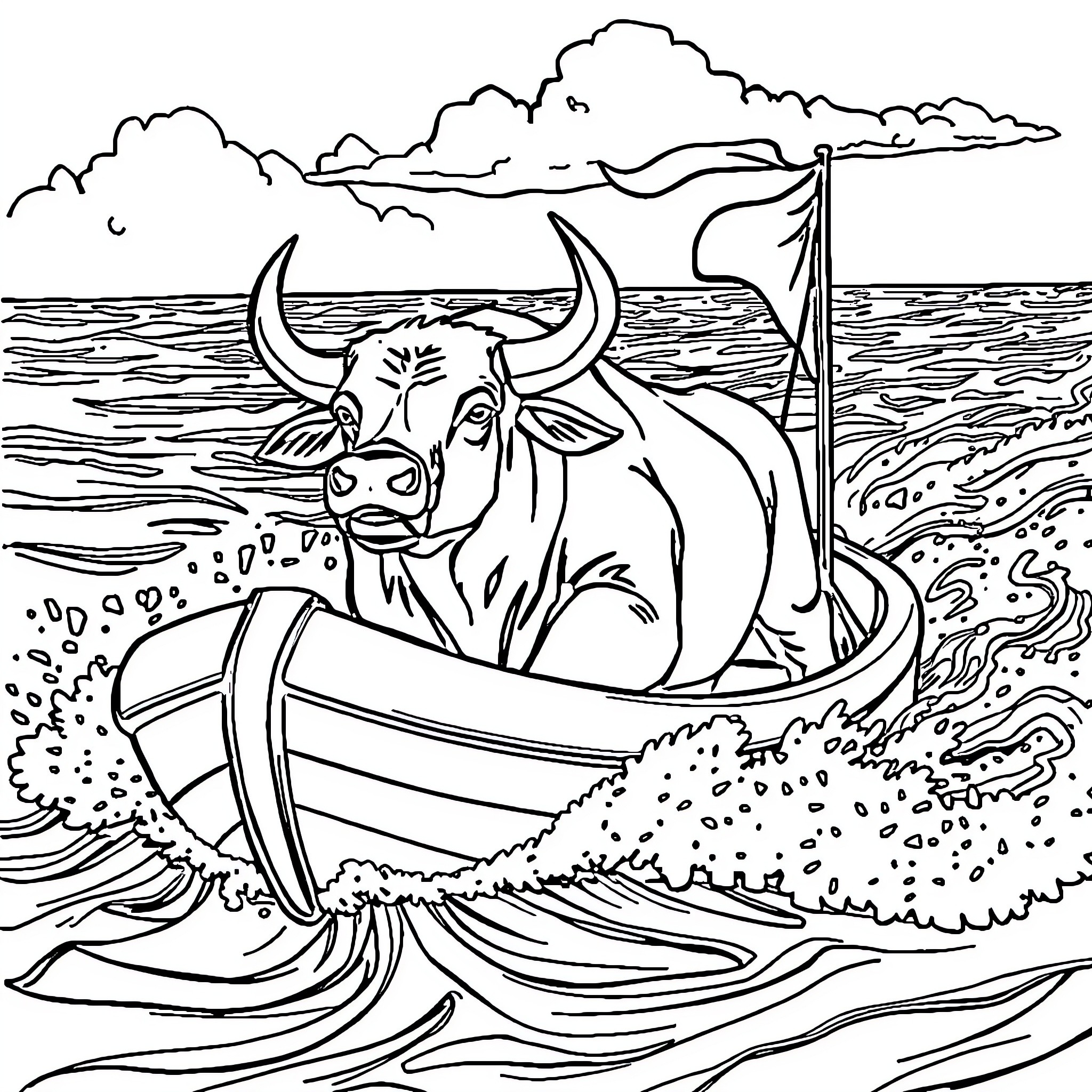 Bull riding the waves in a boat Coloring Page (free black-and-white line drawing printable PDF for all, from beginners to advanced learners, including children, teens, adults, and seniors)