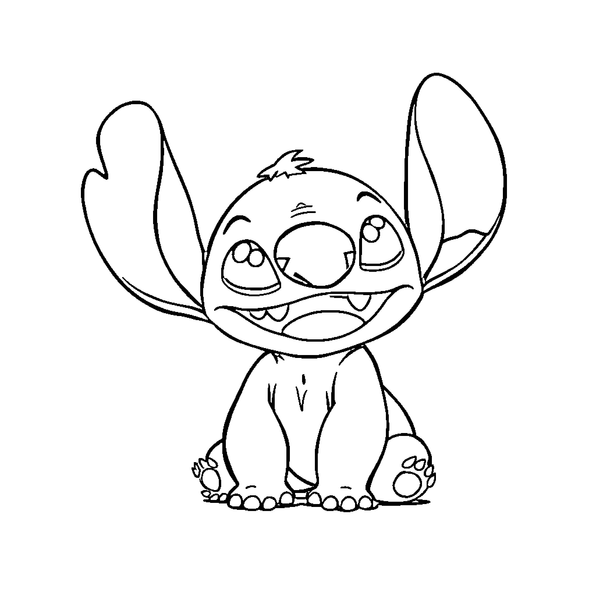 Stitch sitting with a cheerful expression Coloring Page (free black-and-white line drawing printable PDF for all, from beginners to advanced learners, including children, teens, adults, and seniors)